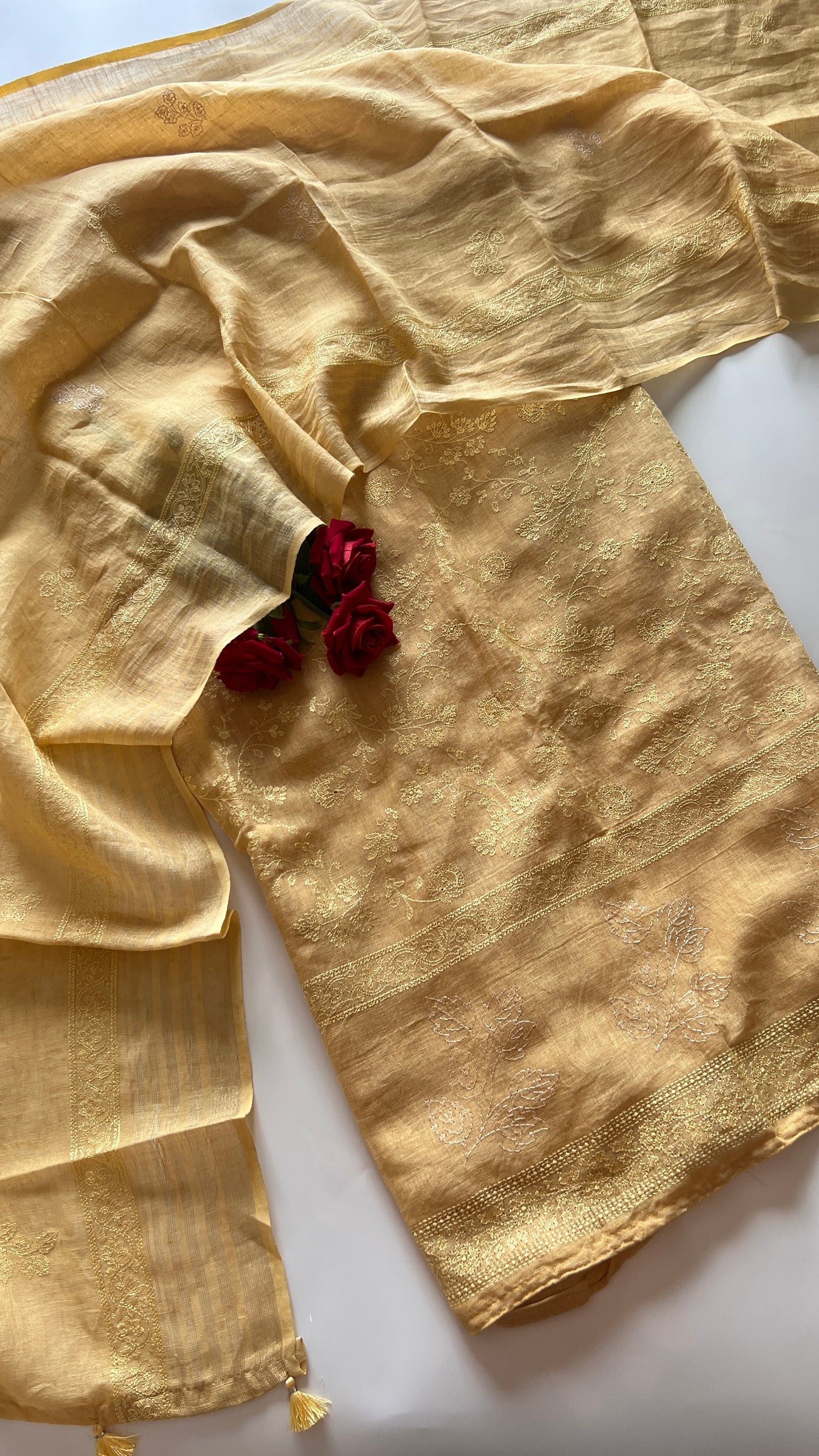 Yellow Pure Linen embroidered premium unstitched dress material
