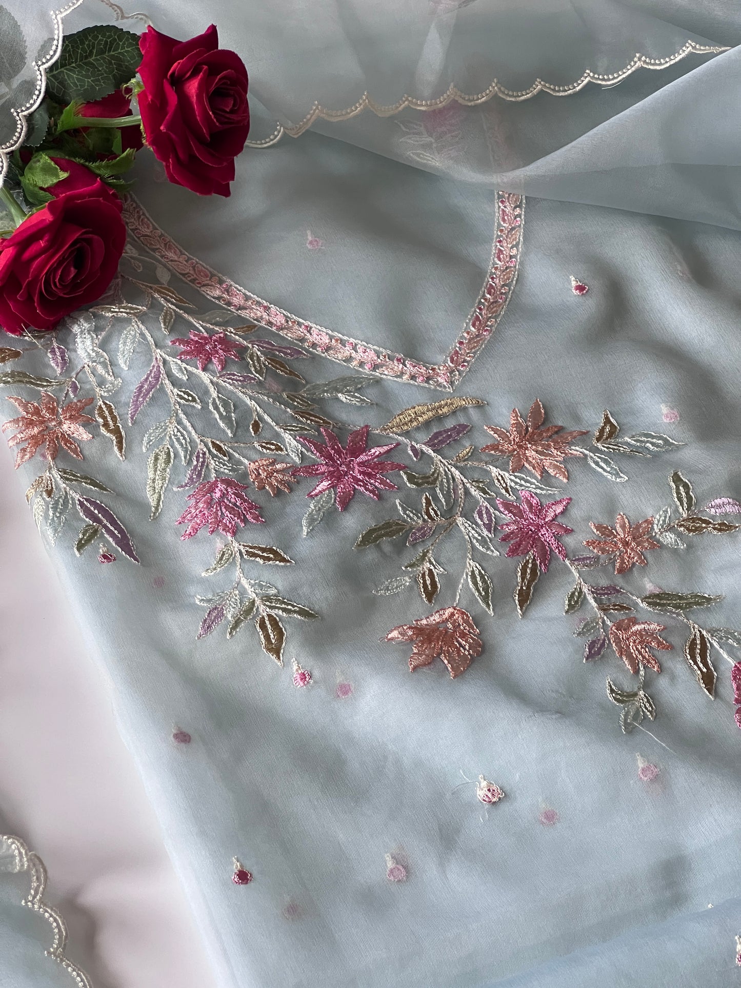 Blue thread Embroidery unstitched suit