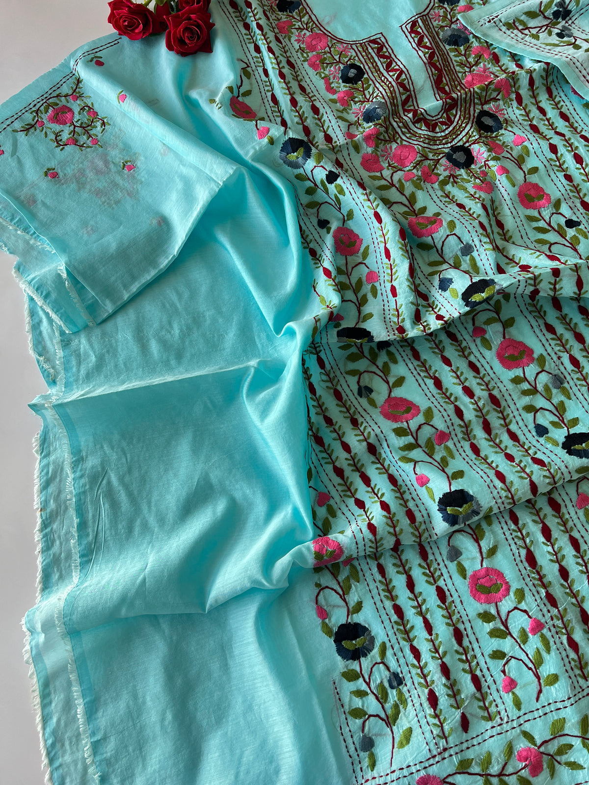 Sky blue Phulkari embroidery Unstitched suit material