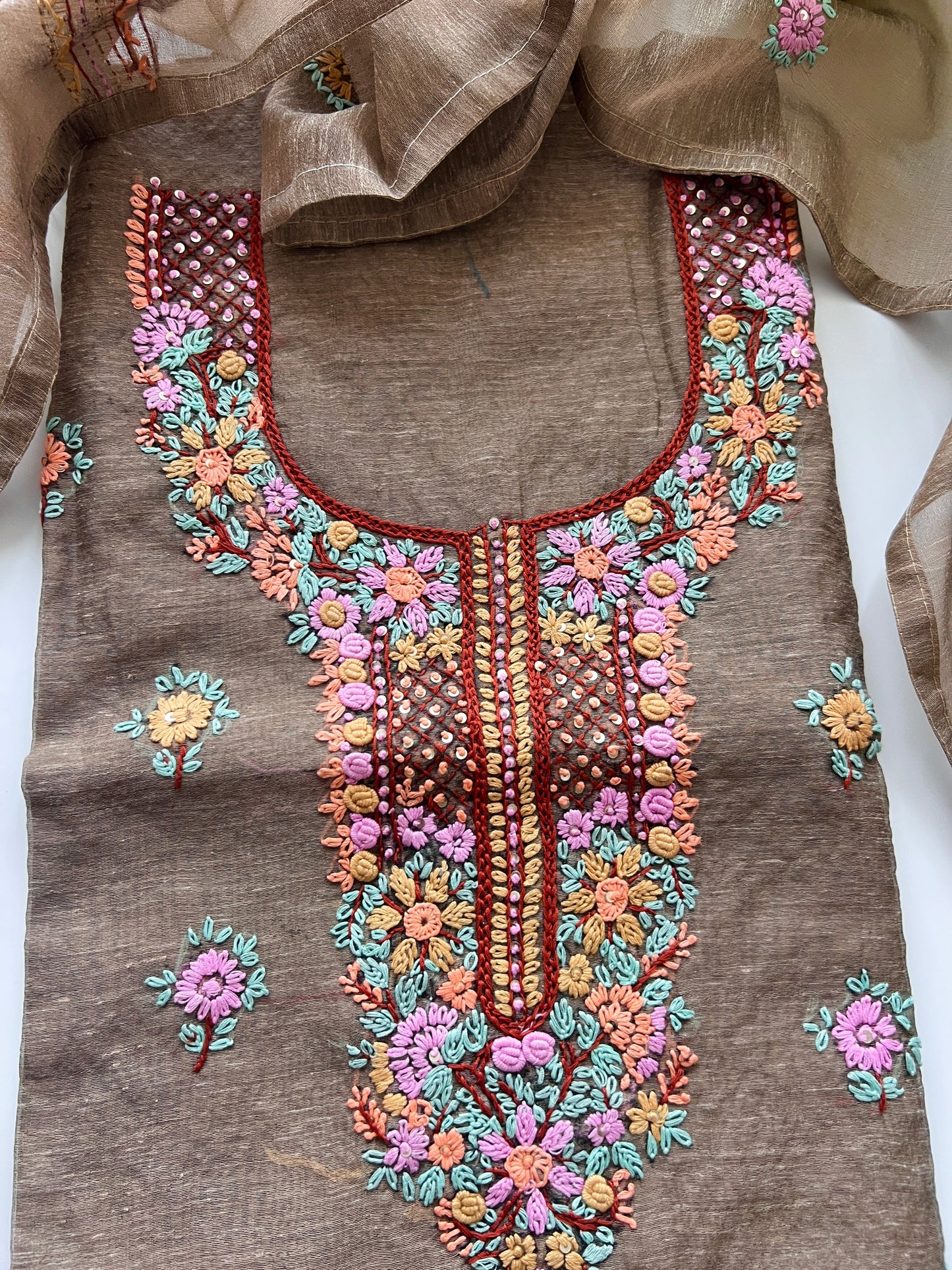 Chanderi knot embroidery Unstitched suit material
