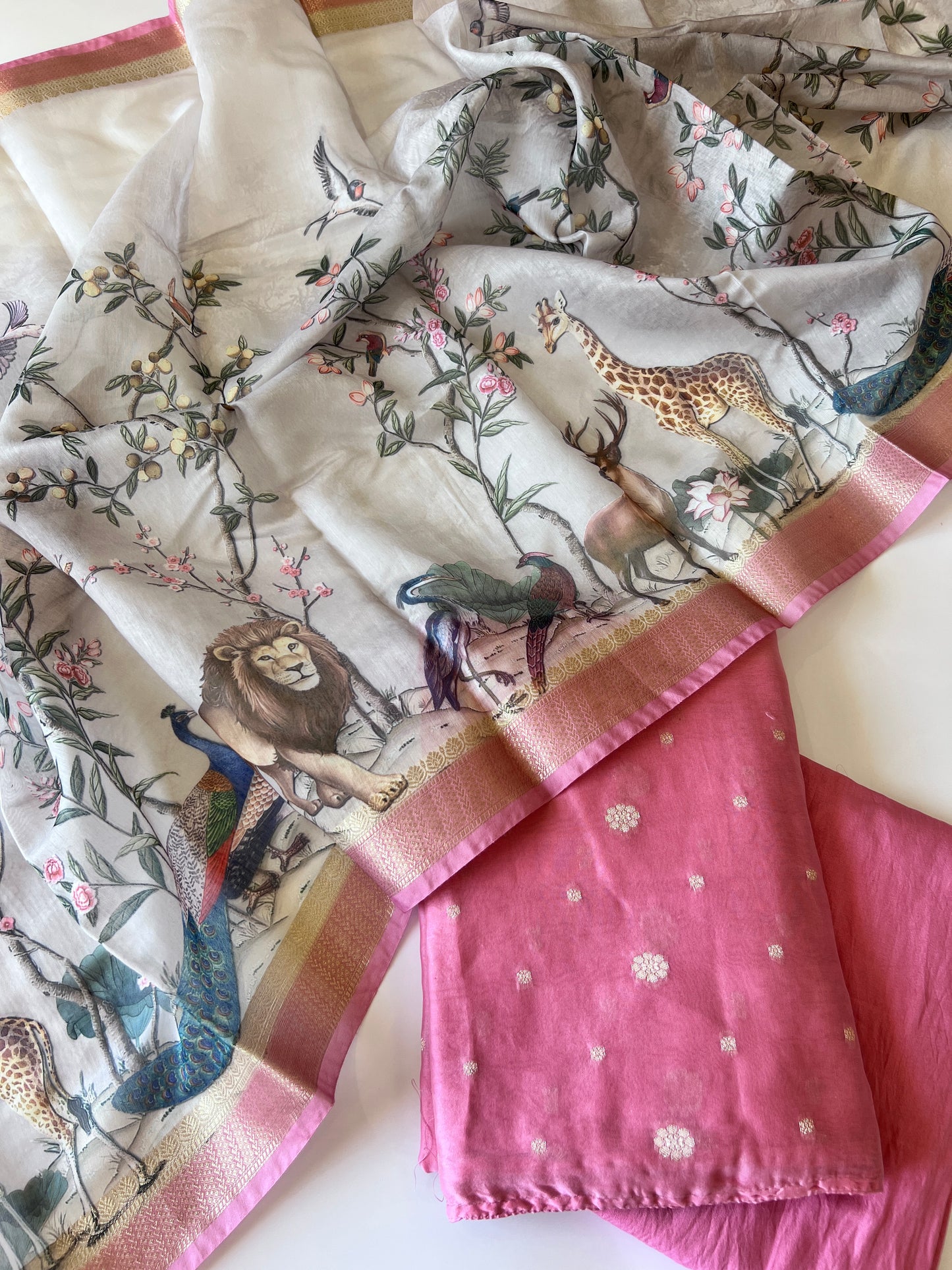Shikargah printed Dupatta with Chanderi kurta Unstitched suit material