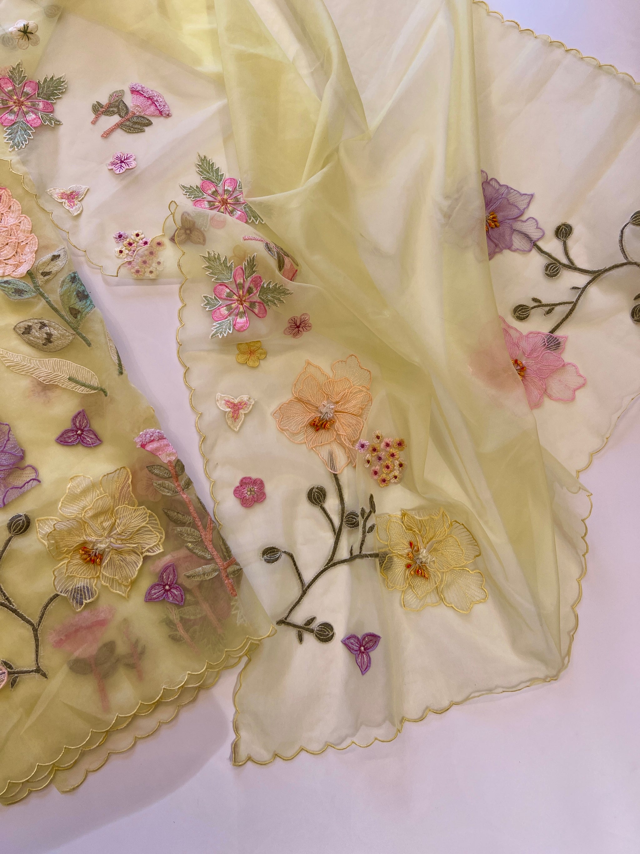 Yellow 3D Embroidery on semi Organza premium unstitched dress material with floral work