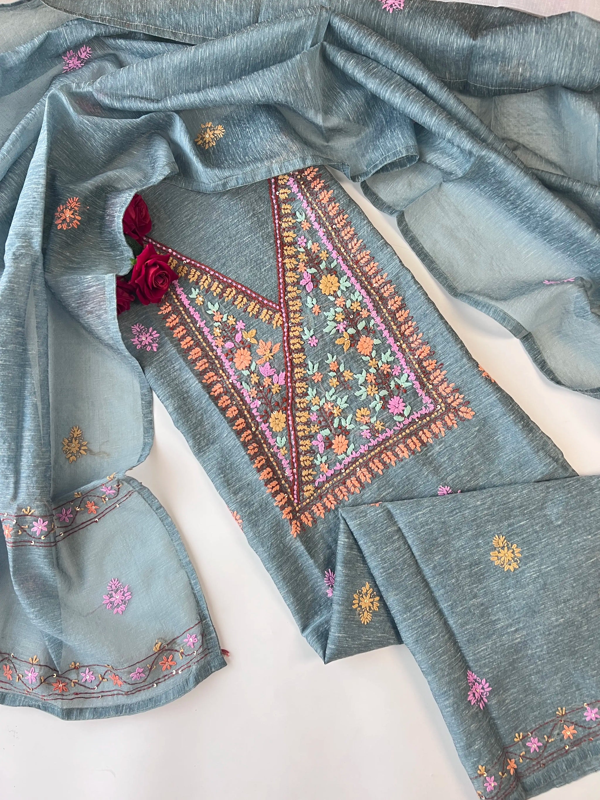 Chanderi knot embroidery Unstitched suit material