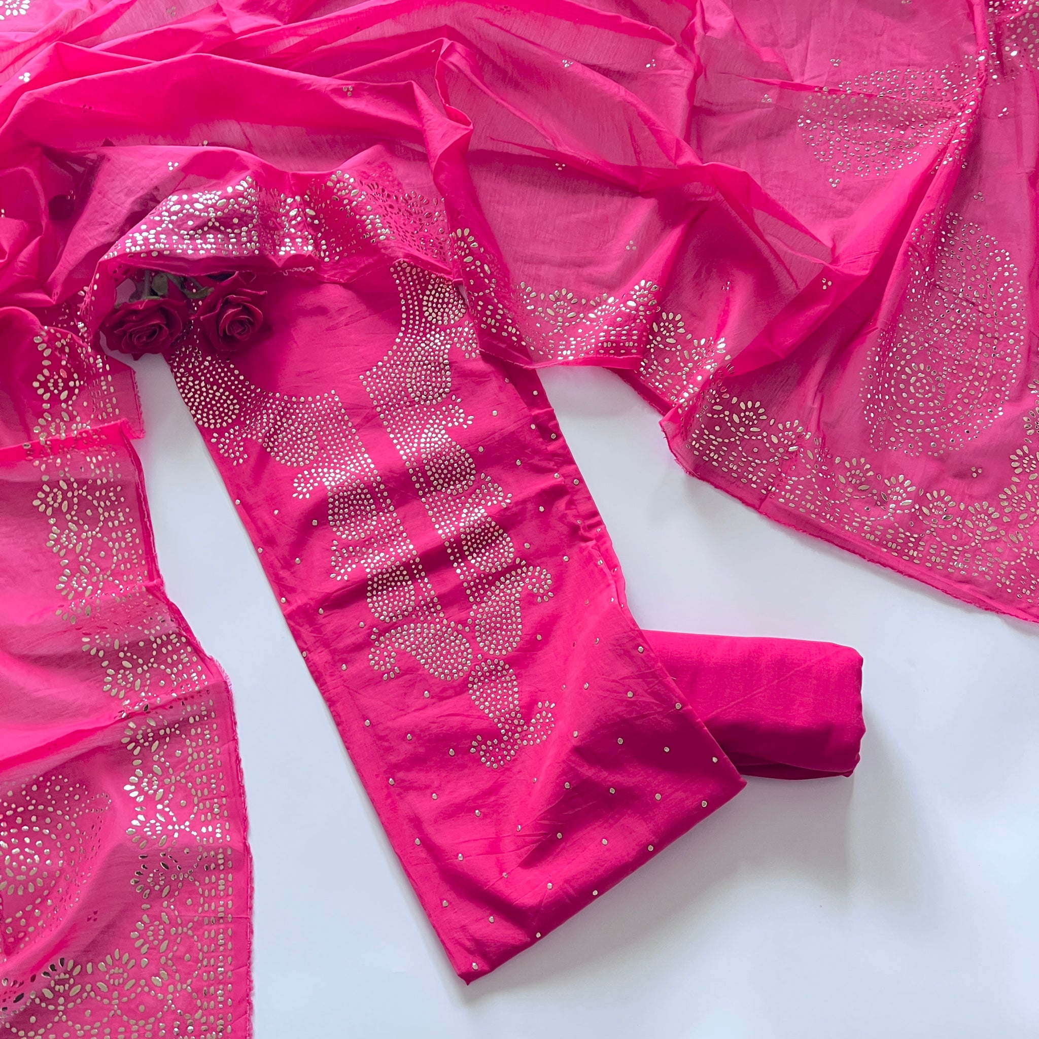 Pink Mul Chanderi dress material with mukaish -Paisley