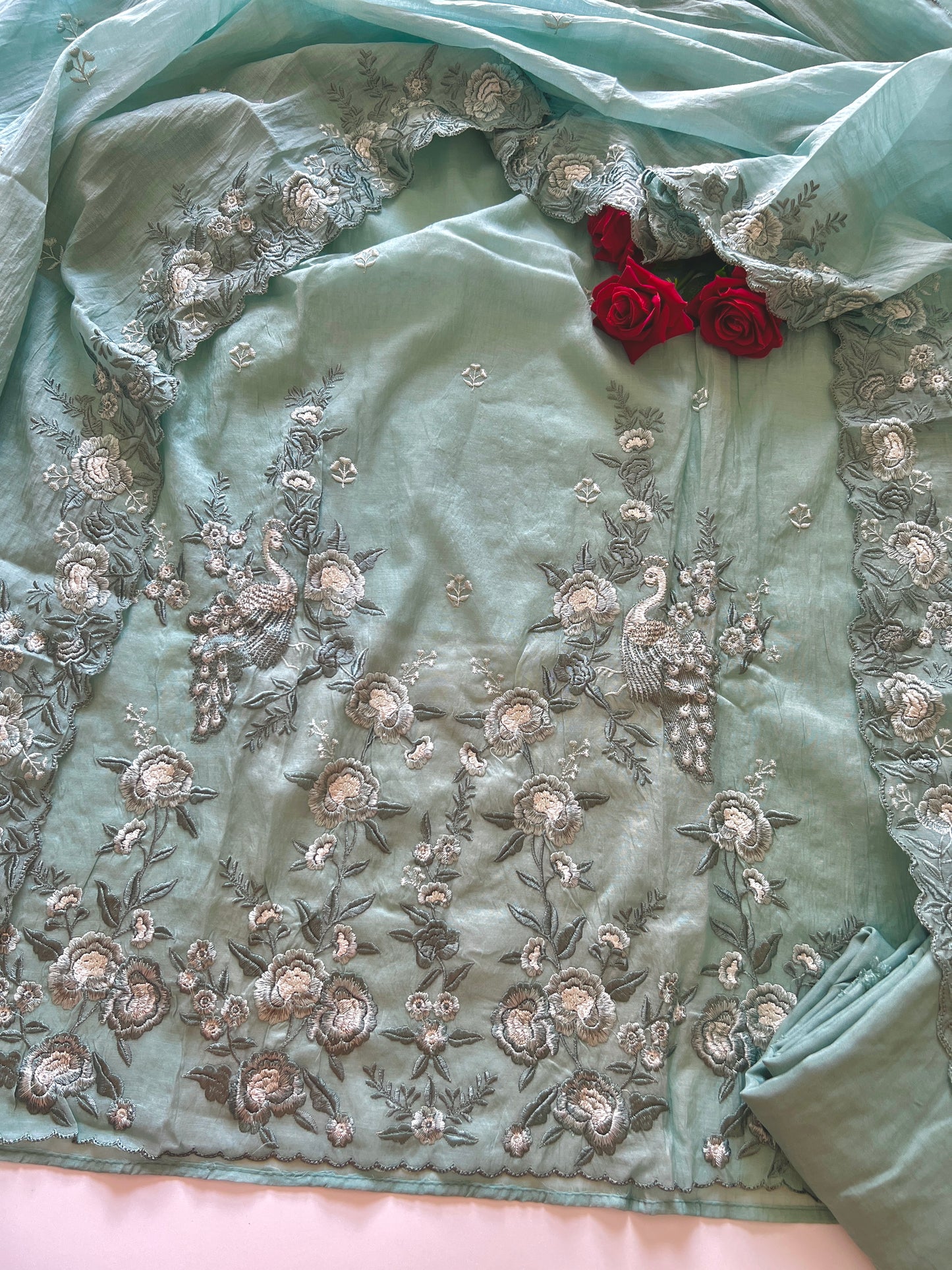 Aqua shade Mul Chanderi Thread embroidered Unstitched Suit