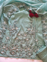 Aqua shade Mul Chanderi Thread embroidered Unstitched Suit