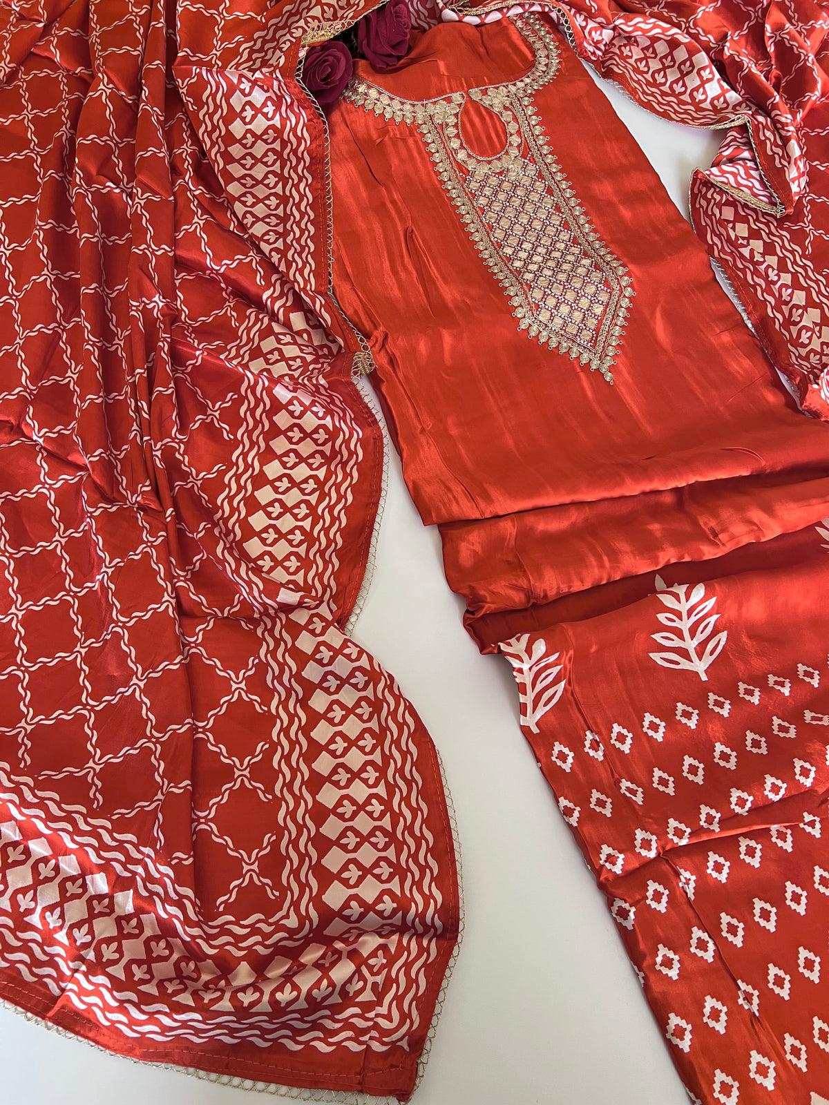 Orange Gajji Silk With gotta work neck Unstitched suit