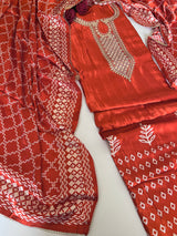 Orange Gajji Silk With gotta work neck Unstitched suit