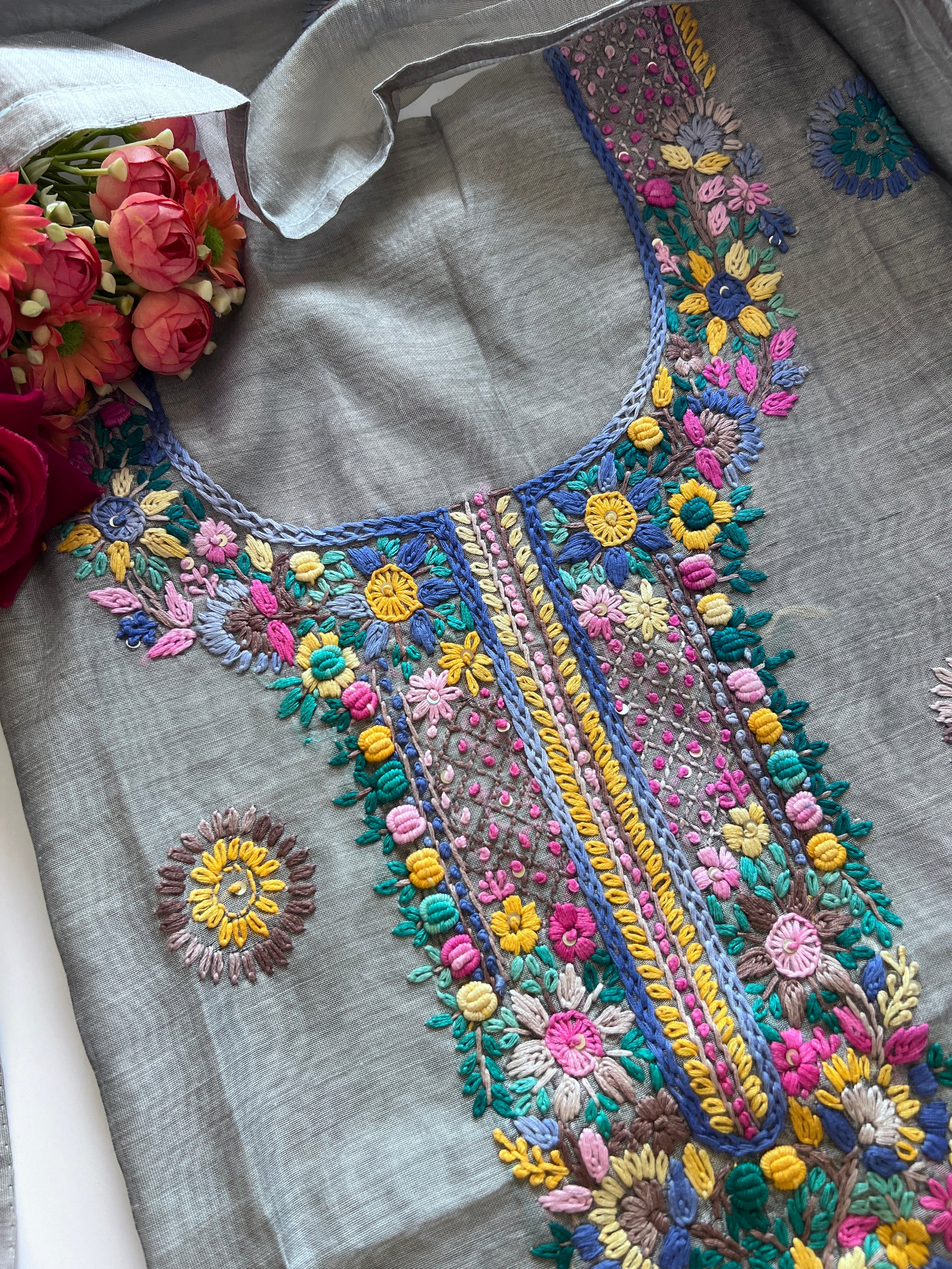 Grey Knot embroidery Unstitched suit material 2 pc