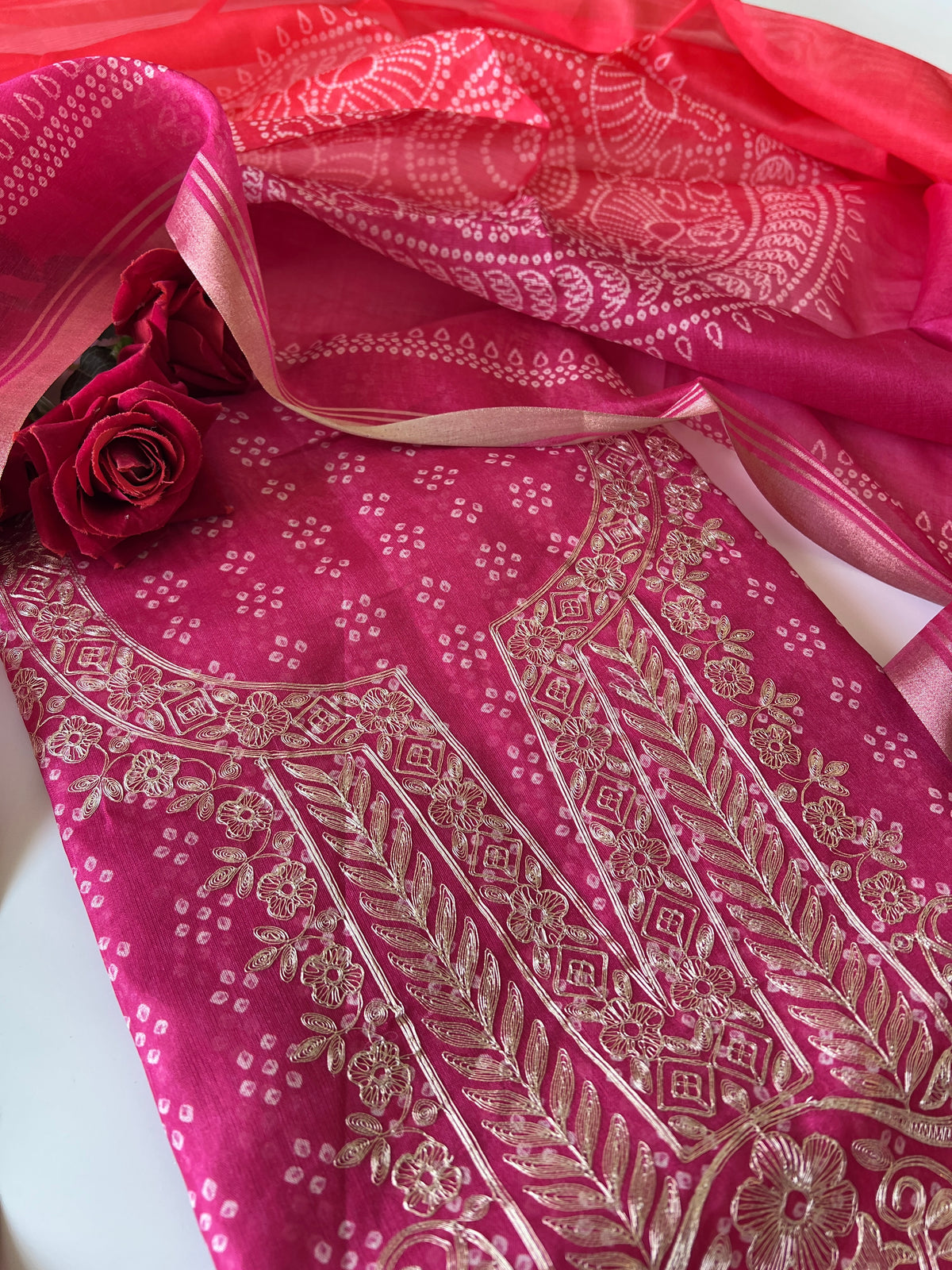 Pink soft Organza crepe with Pitta work and bandej