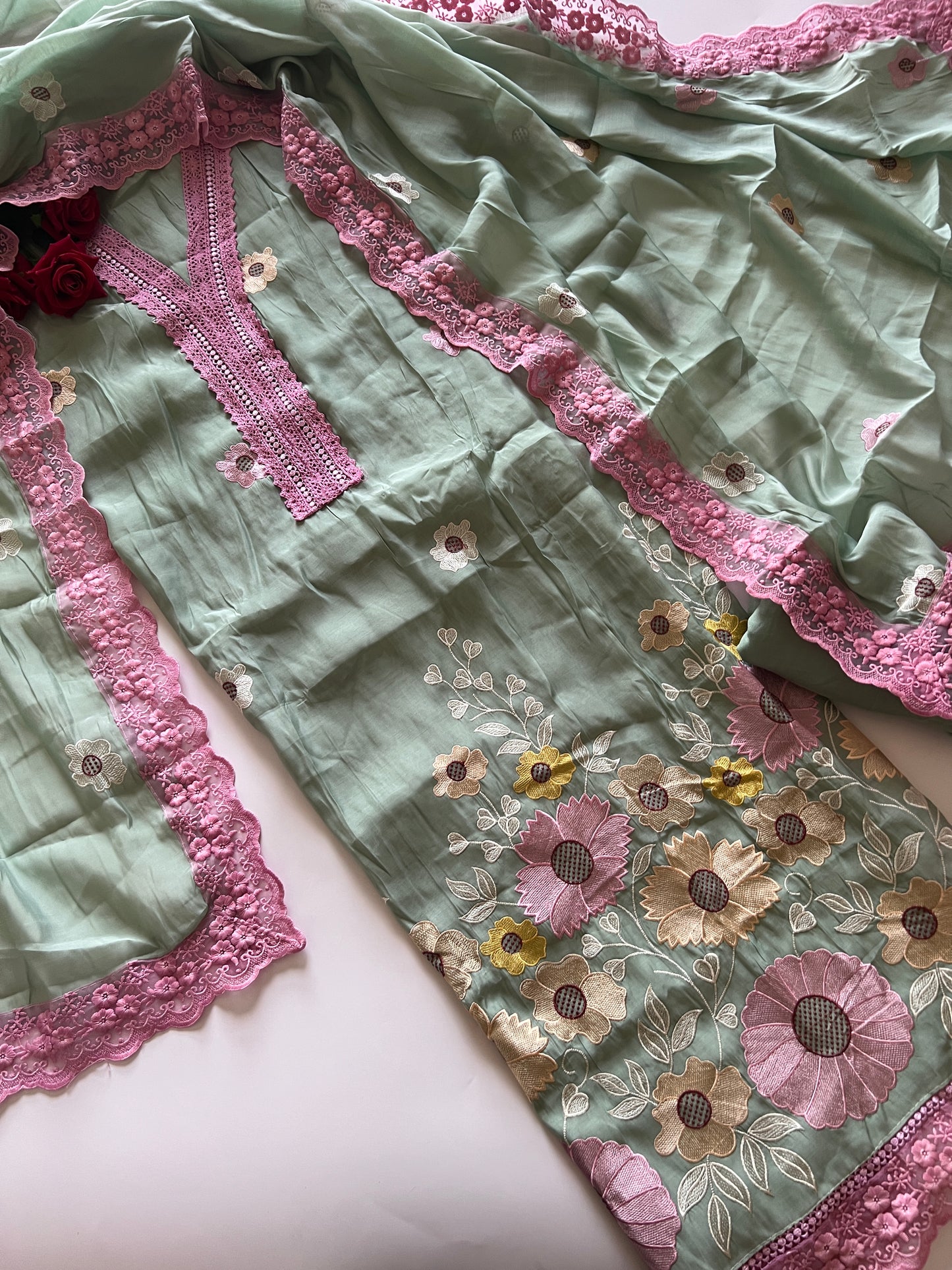 Green Sunflower Embroidery Mul Masleen Dress material
