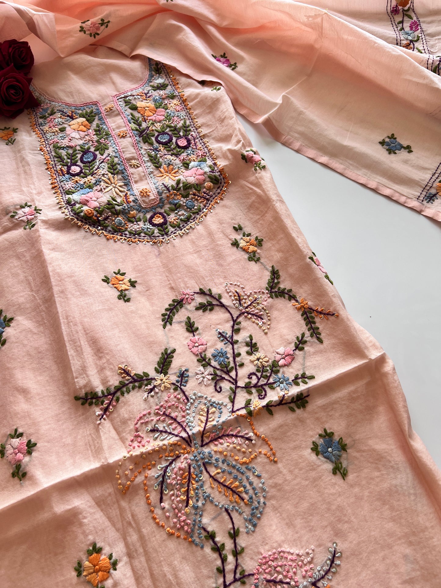 Peach Knot embroidery Unstitched suit material