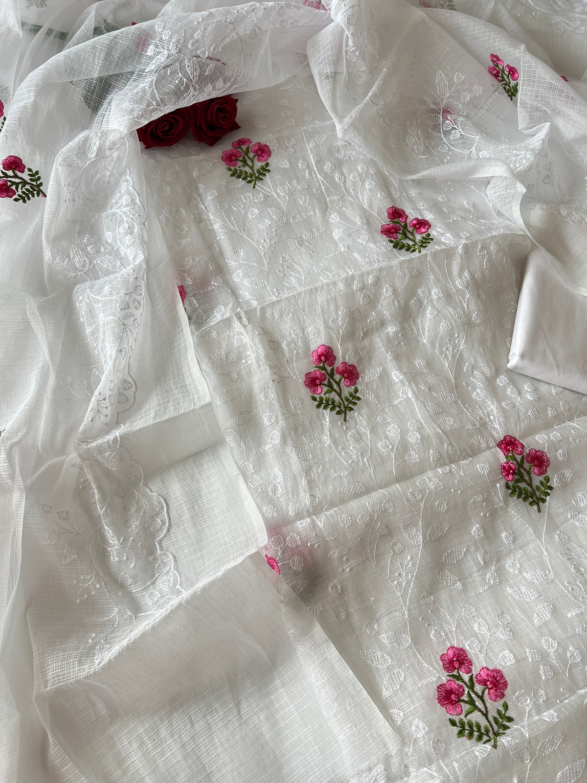 White Kotta floral embroidered kurta dupatta set Unstitched