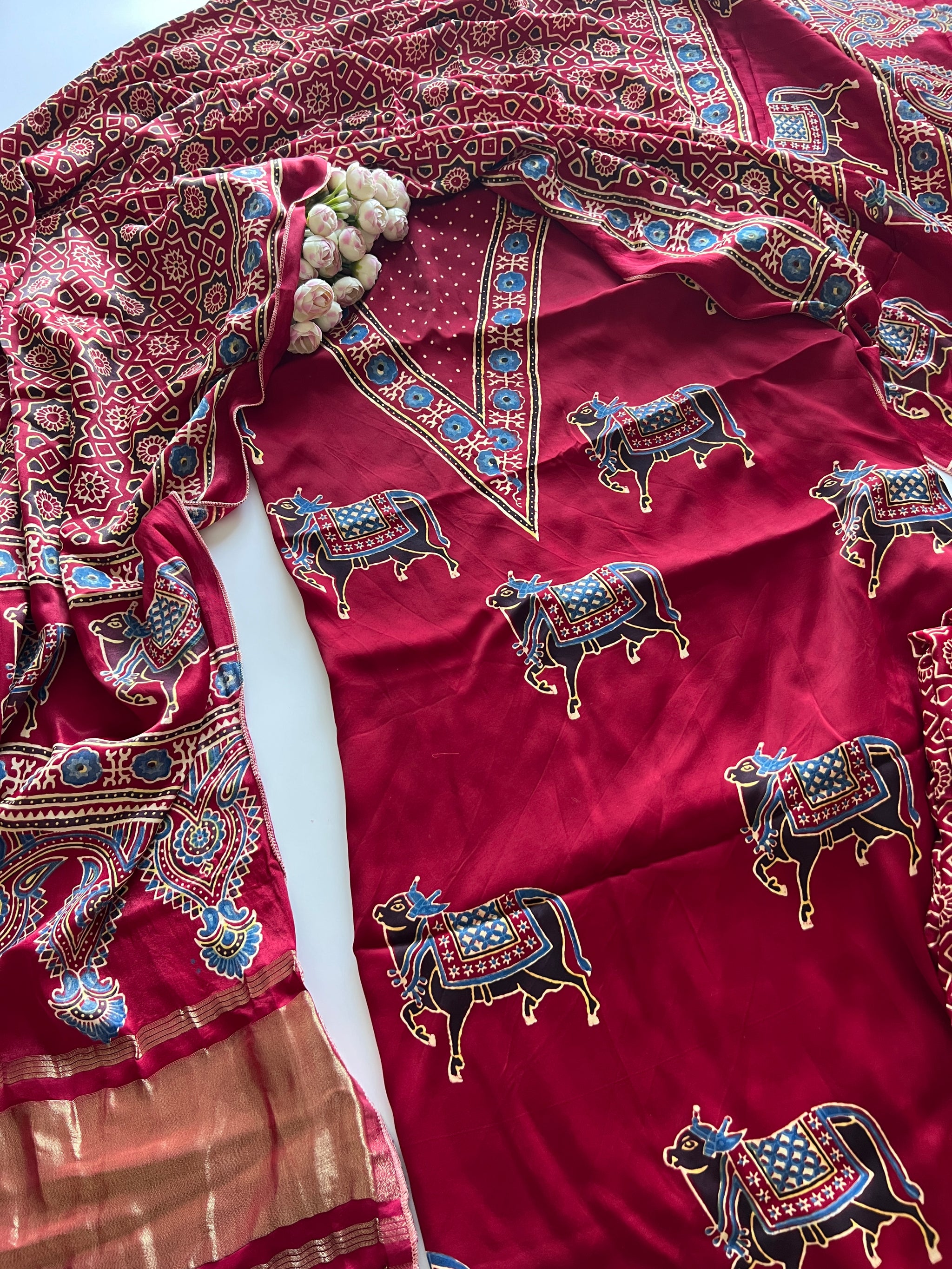Maroon Ajrakh Handblock print 3 pc fabric Unstitched suit set