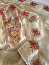 Ivory gold Sunflower Embroidery Crush Organza tissue Dress material