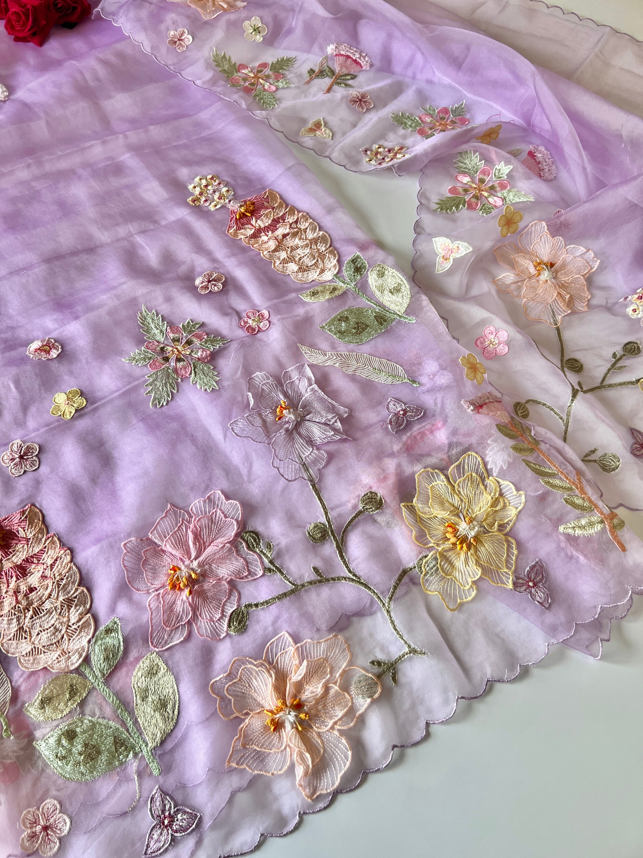 Purple 3D Embroidery on semi Organza premium unstitched dress material with floral work