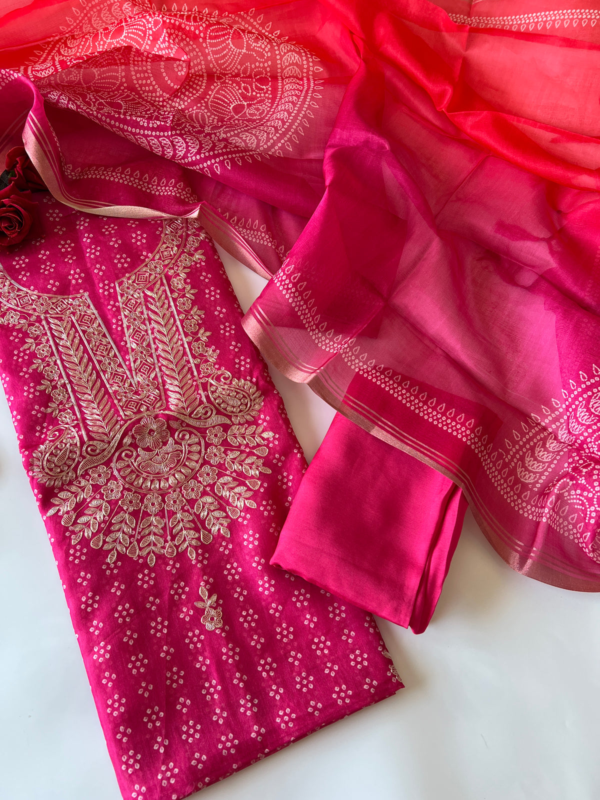 Pink soft Organza crepe with Pitta work and bandej