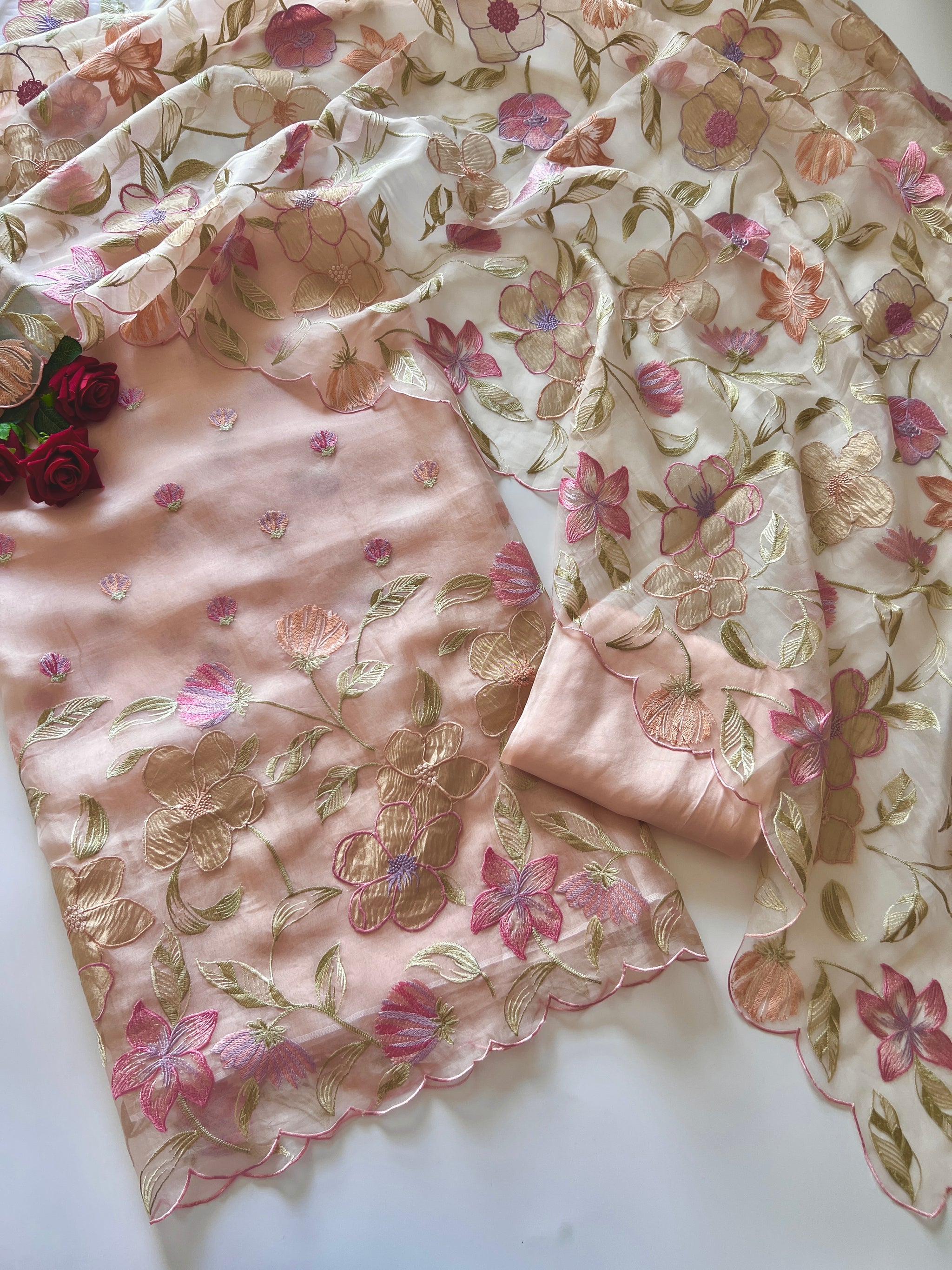 Floral Embroidery on Pure Silk Organza premium unstitched dress material in Pastel Peach