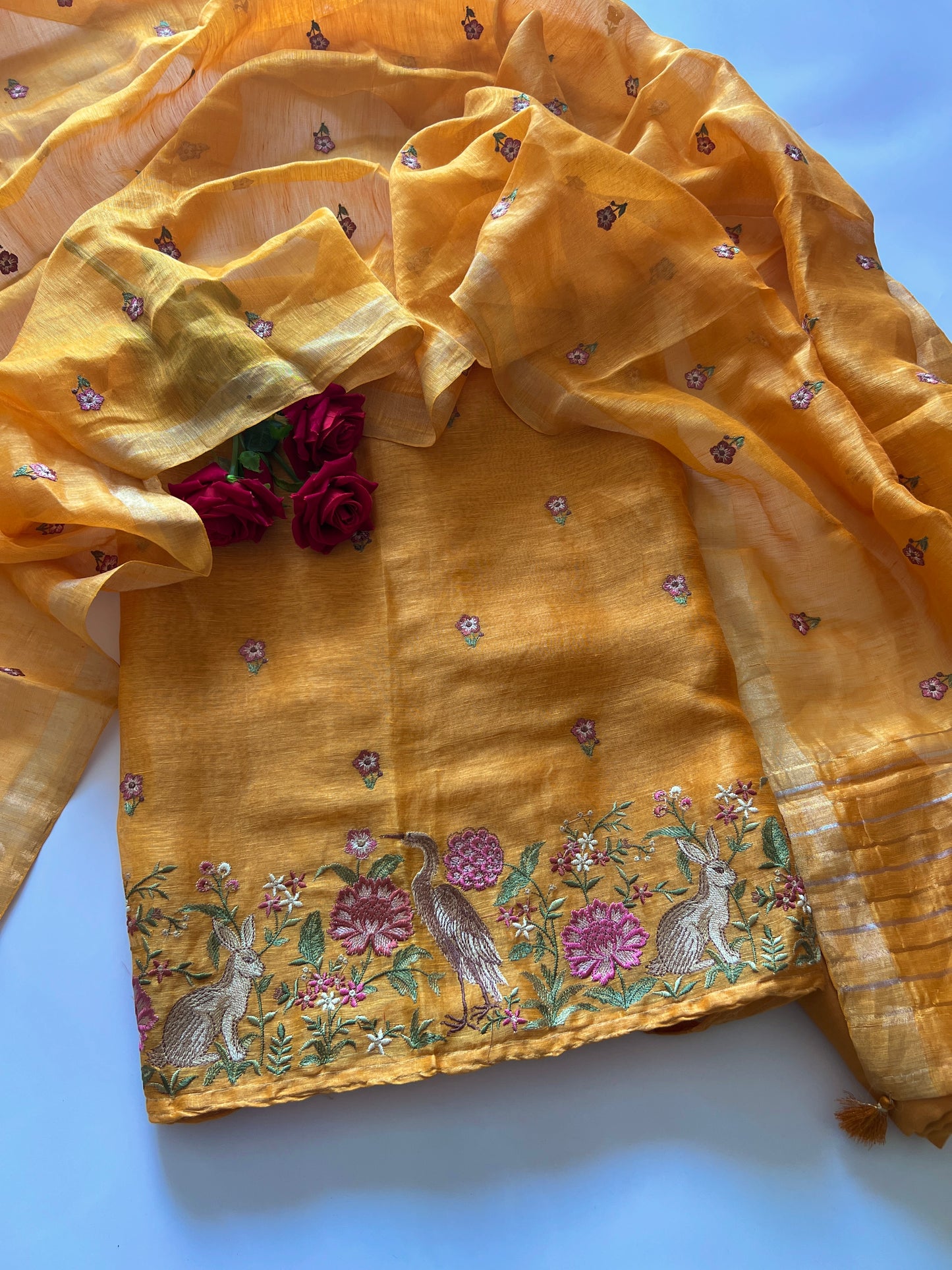 Yellow Pure Silk Linen embroidered premium unstitched dress material