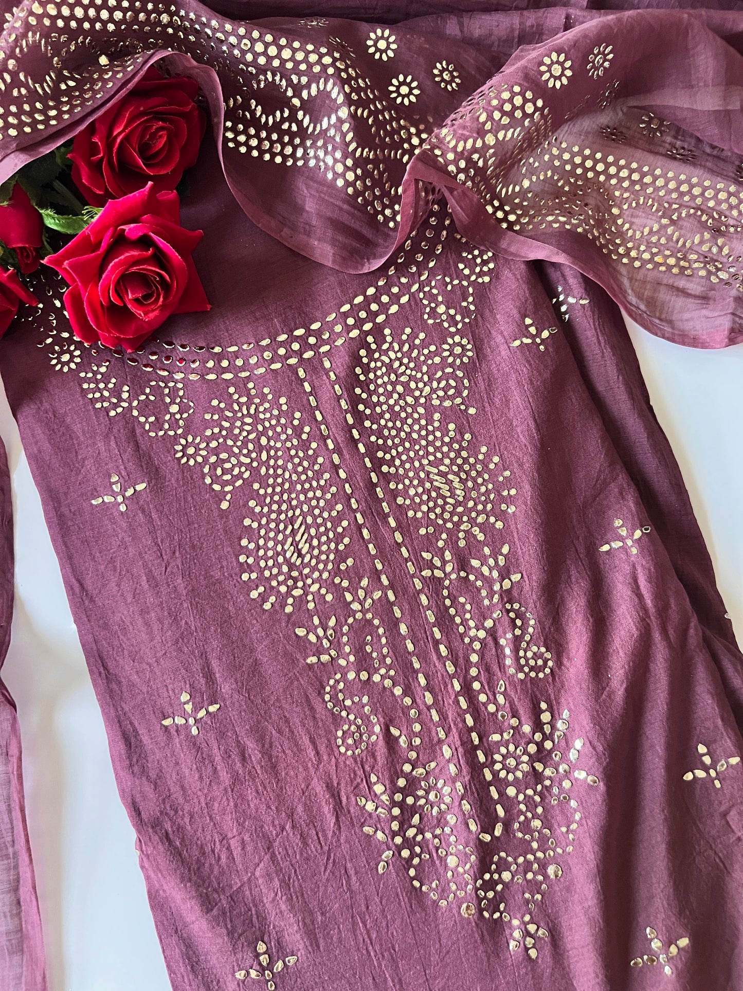 Purple Mul Chanderi dress material with mukaish