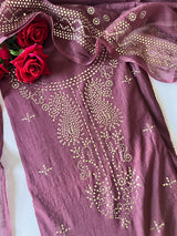 Purple Mul Chanderi dress material with mukaish
