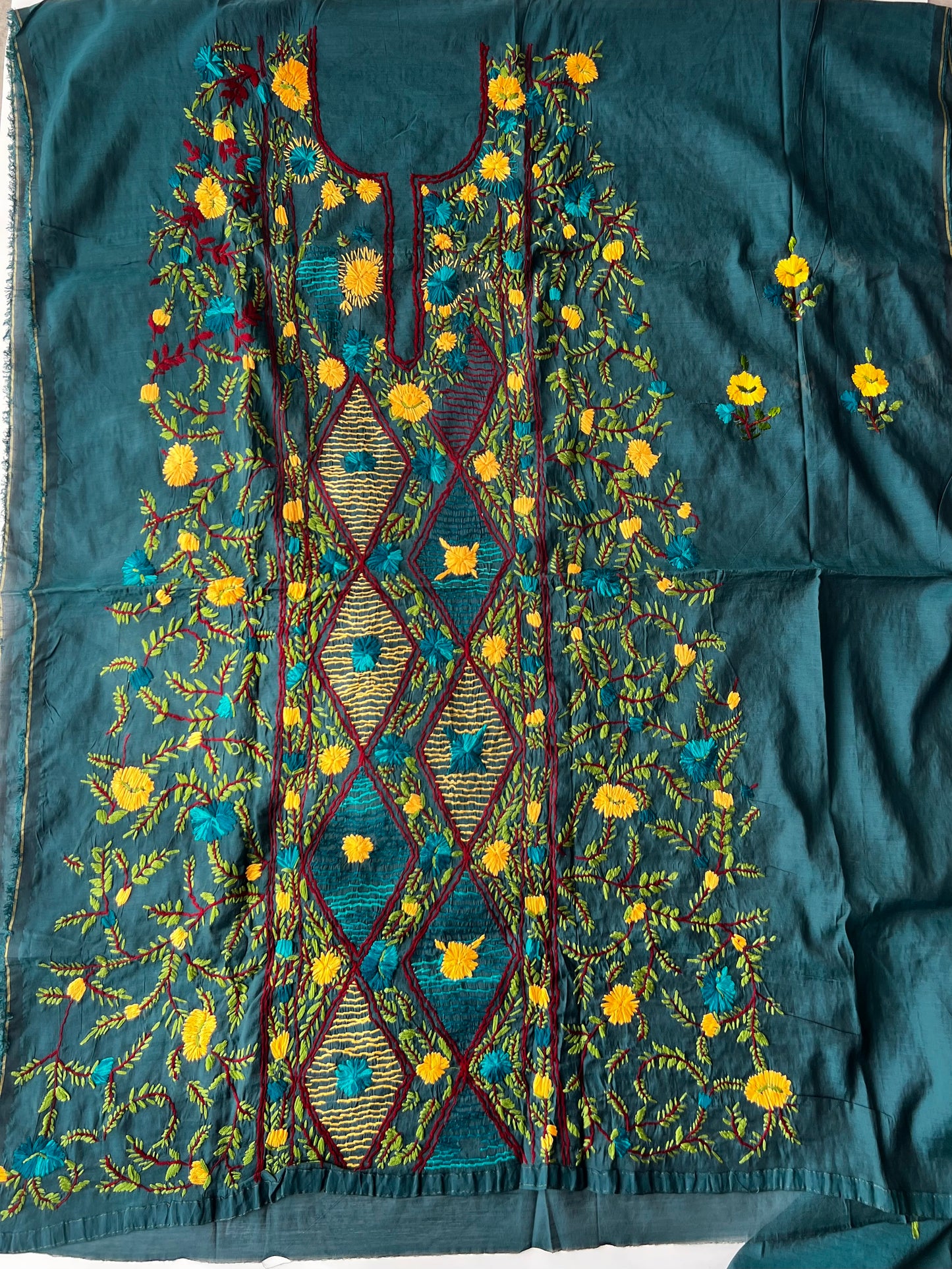 Peacock color Chanderi Phulkari embroidery Unstitched suit material