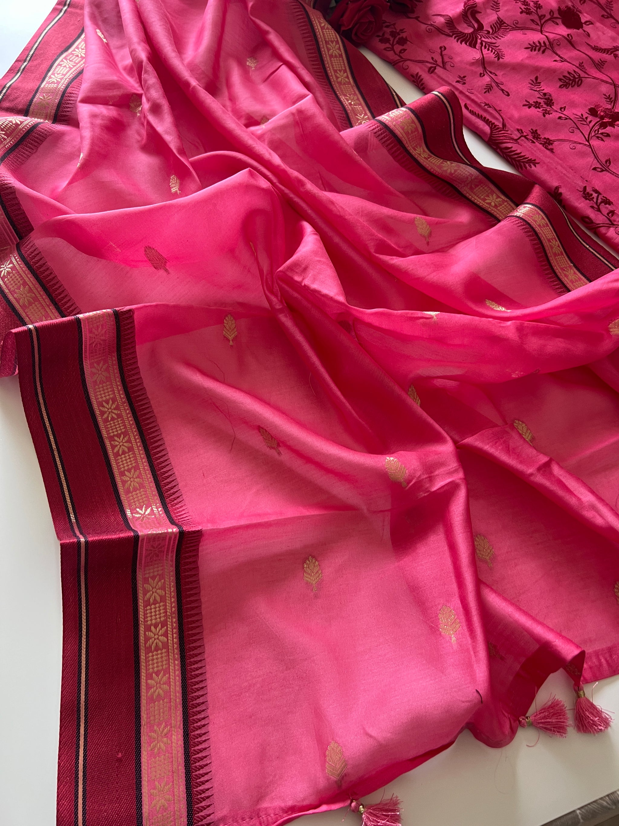 Pink Pure Chanderi Parsi Thread embroidered Unstitched Suit