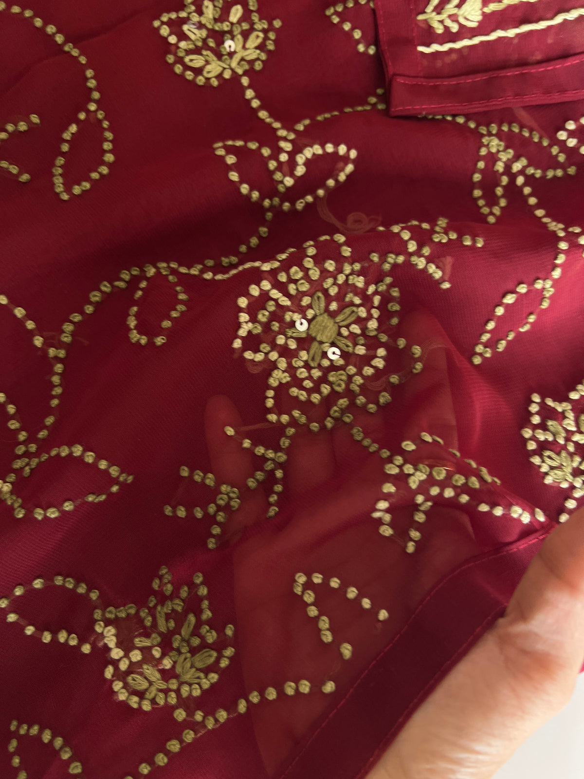 Maroon Georgette Knot Embroidery Unstitched suit set 3 pc