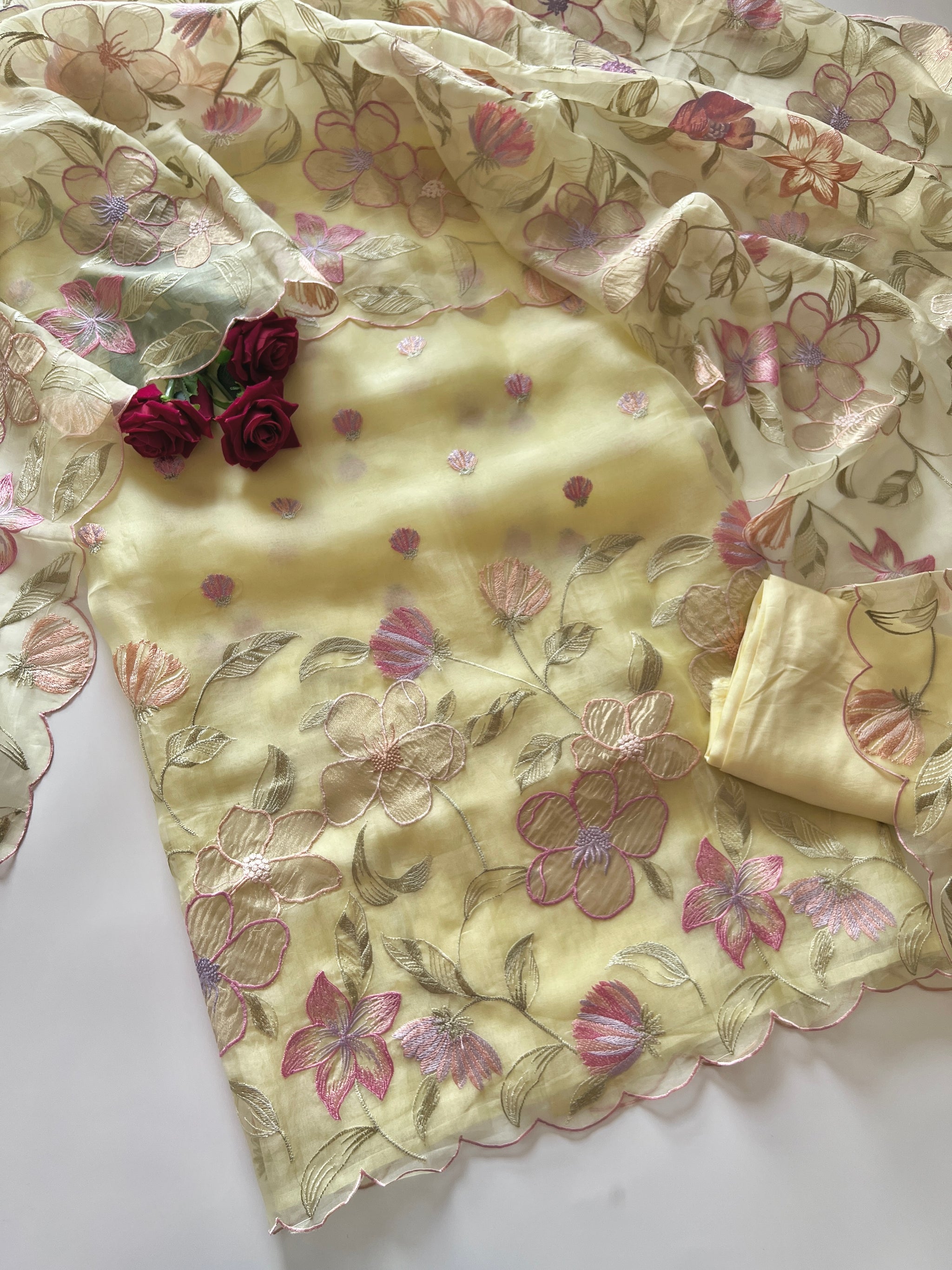 Floral Embroidery on Pure Silk Organza premium unstitched dress material in Pastel Yellow