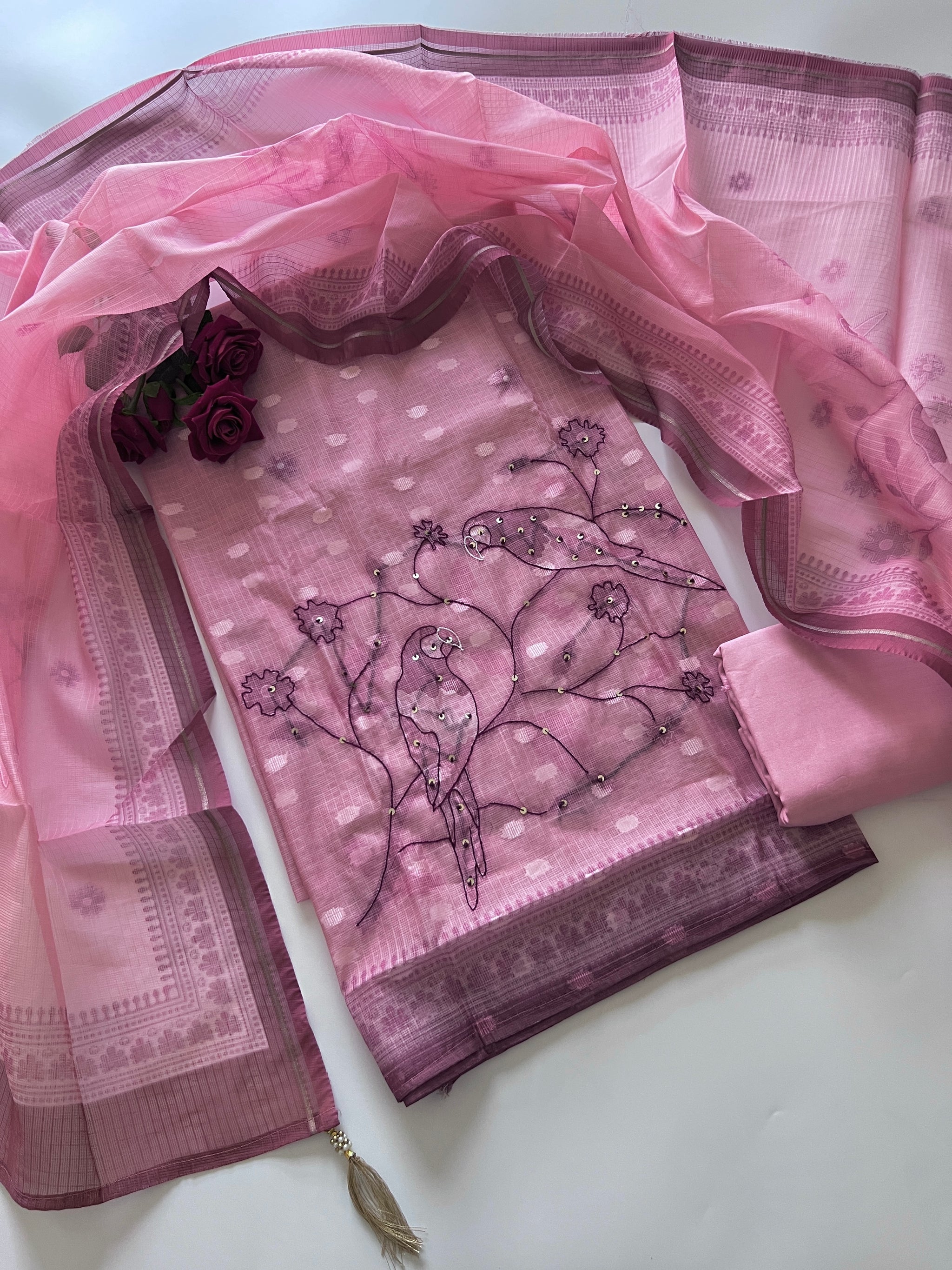 Pink Bird Embroidered Unstitched Suit