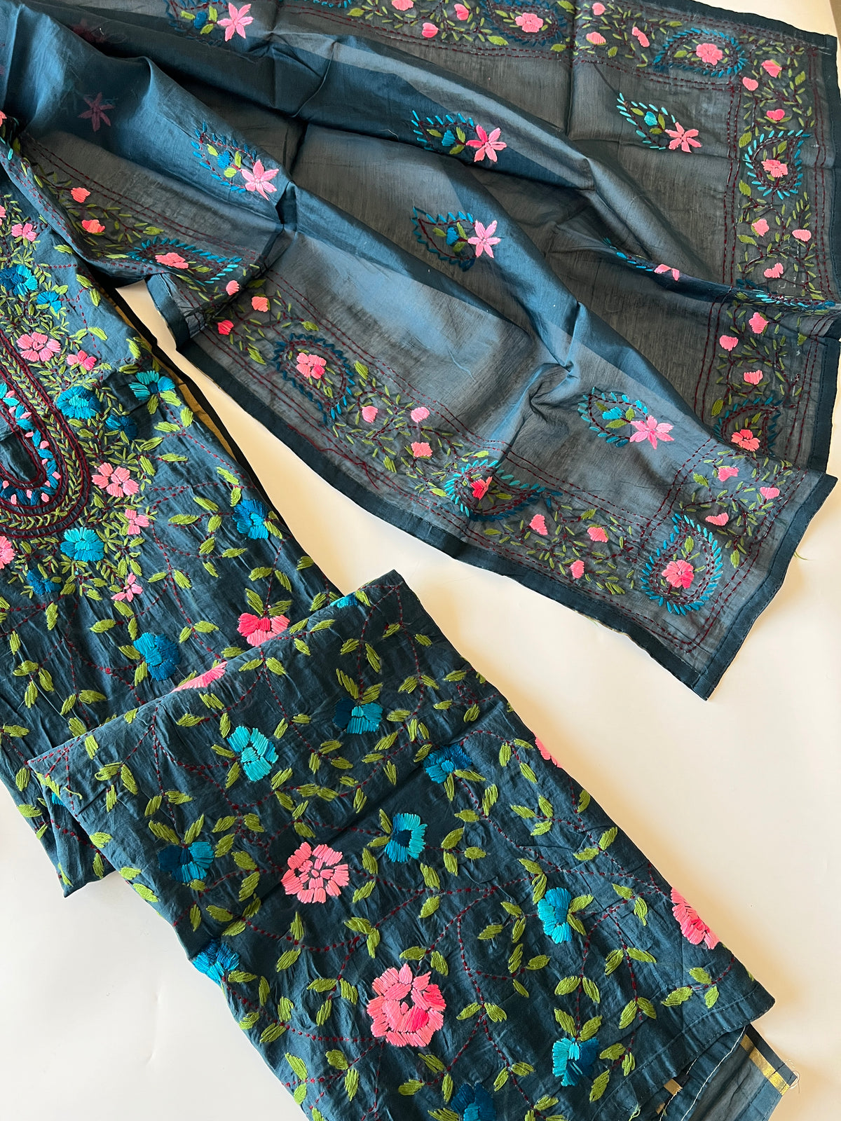 Blue Phulkari embroidery Unstitched suit material