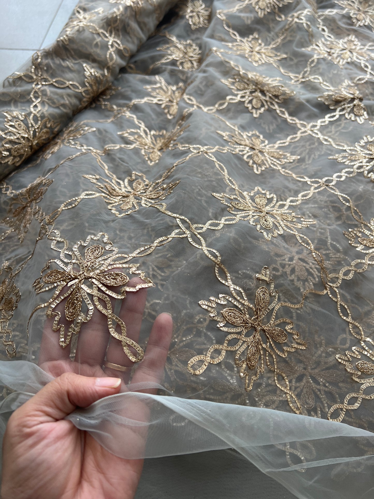 Grey net with Gotta work fabric