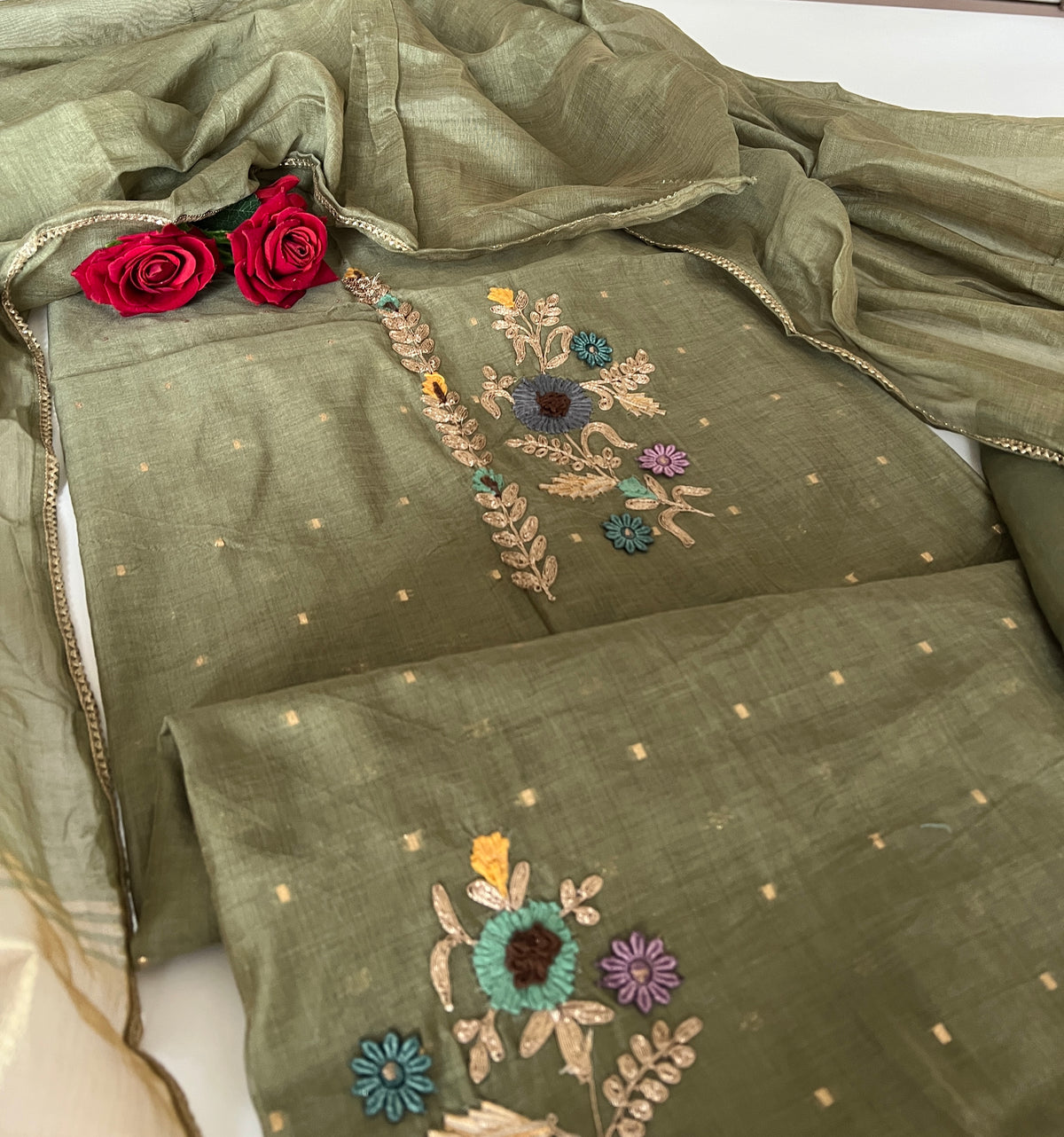 Olive Green Floral Embroidery tissue Jamdani Dress material