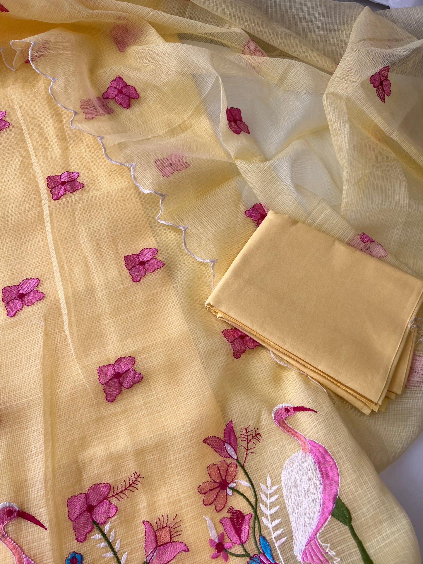 Yellow Kotta with flamingo embroidered kurta dupatta set Unstitched