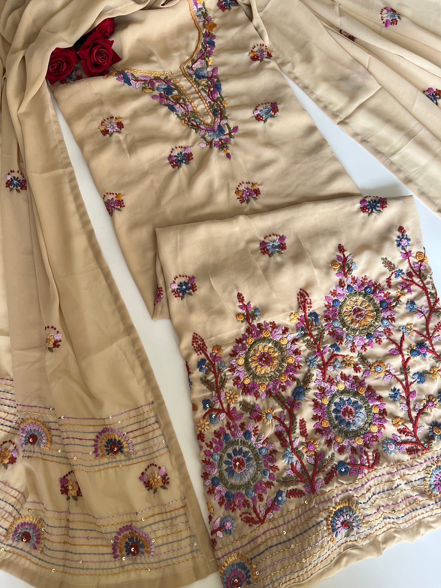 Beige Knot Embroidery Unstitched suit set 2 pc