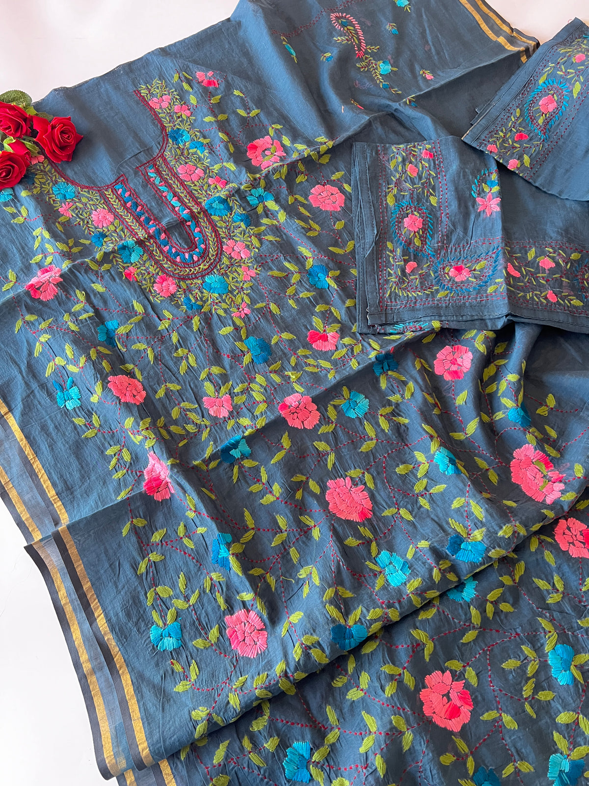 Blue Phulkari embroidery Unstitched suit material