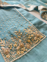 Blue Mul Chanderi Handwork with Parsi dupatta Unstitched Suit set