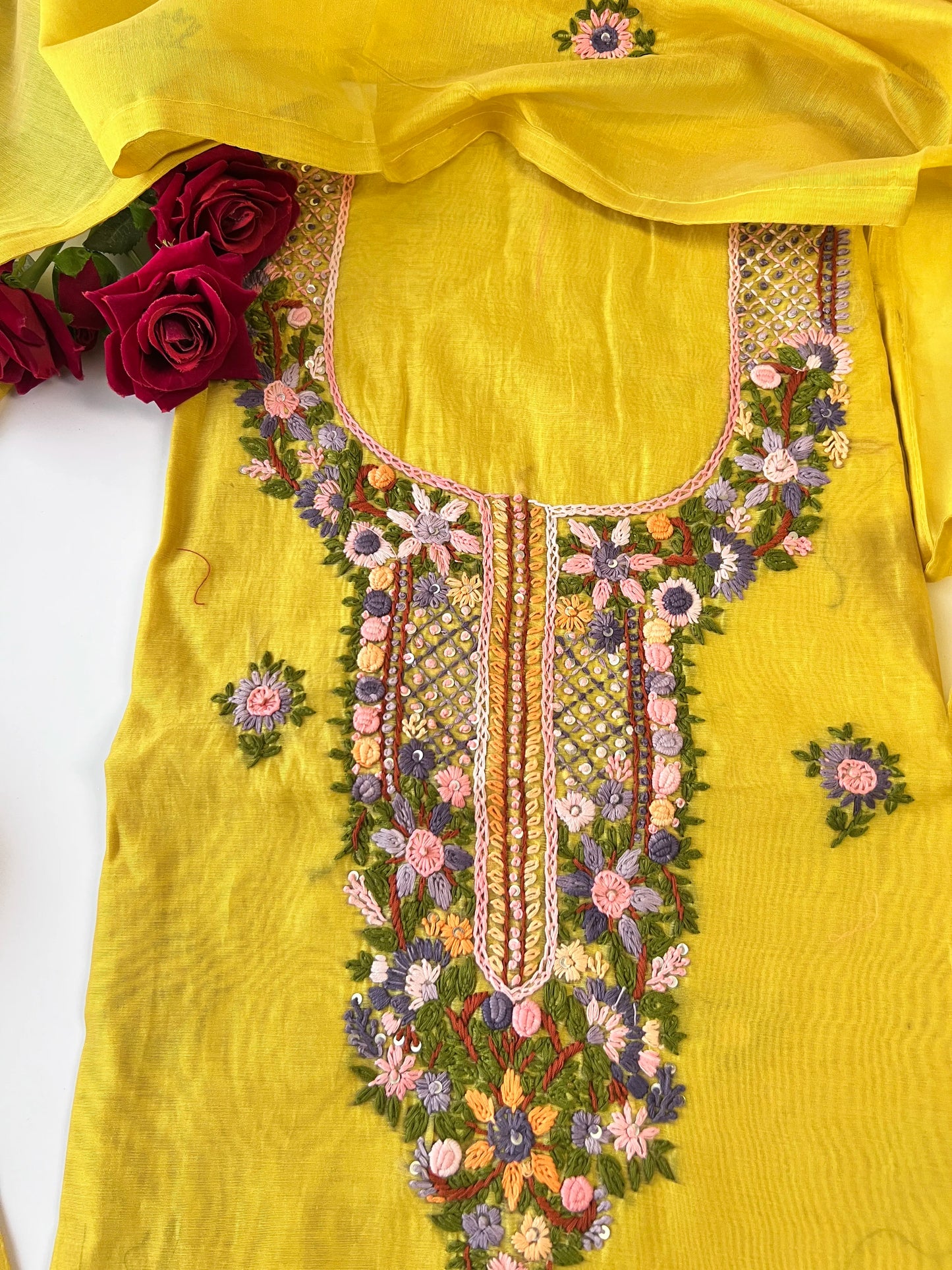 Chanderi knot embroidery Unstitched suit material