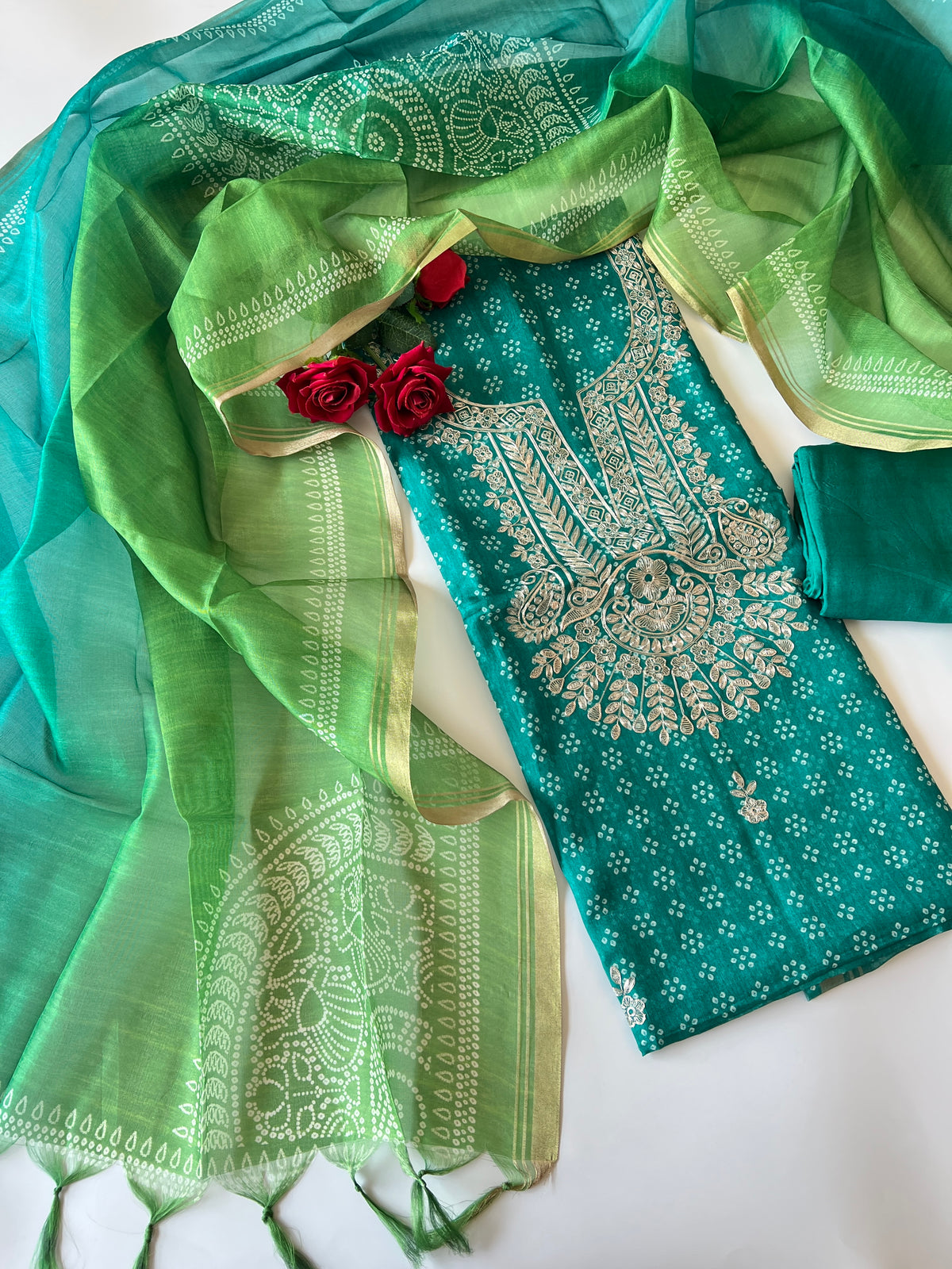 Green soft Organza crepe with Pitta work and bandej
