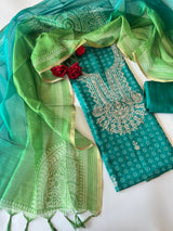 Green soft Organza crepe with Pitta work and bandej