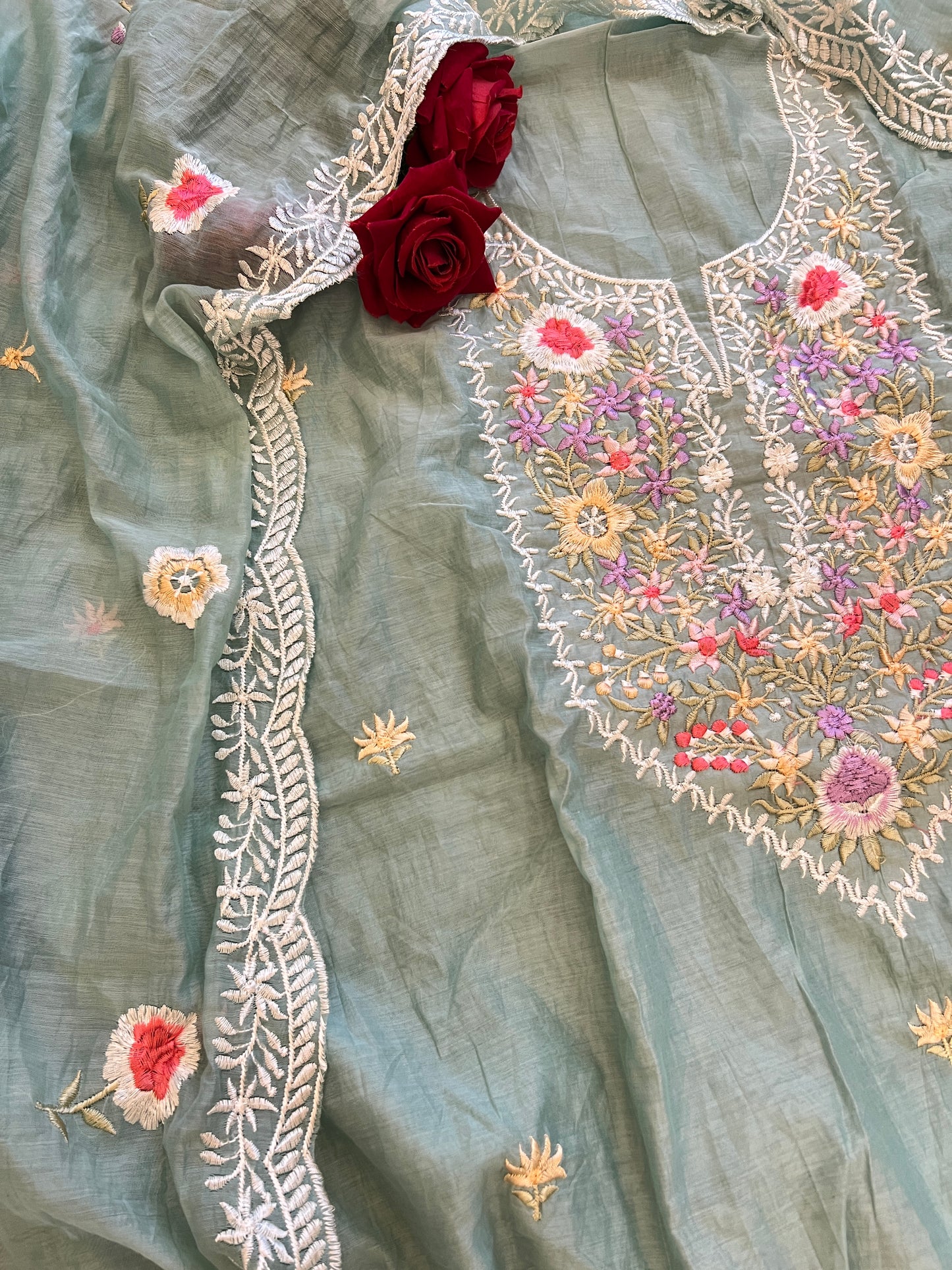 Blue Mul Chanderi Thread embroidered Unstitched Suit