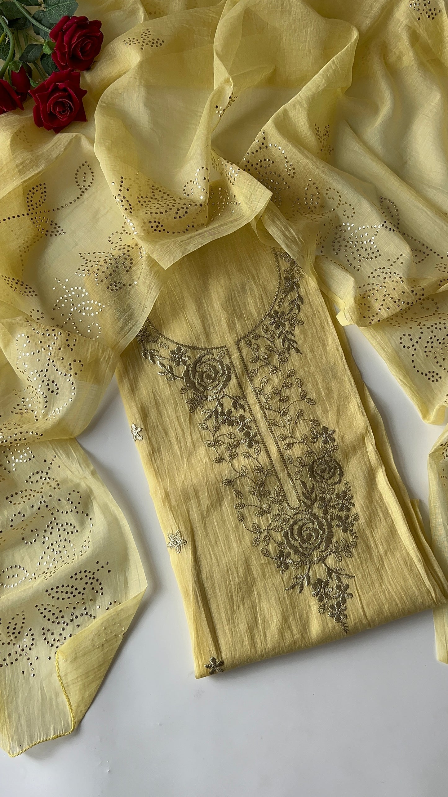 Pastel Yellow Mul Chanderi dress material with pitta and mukaish work