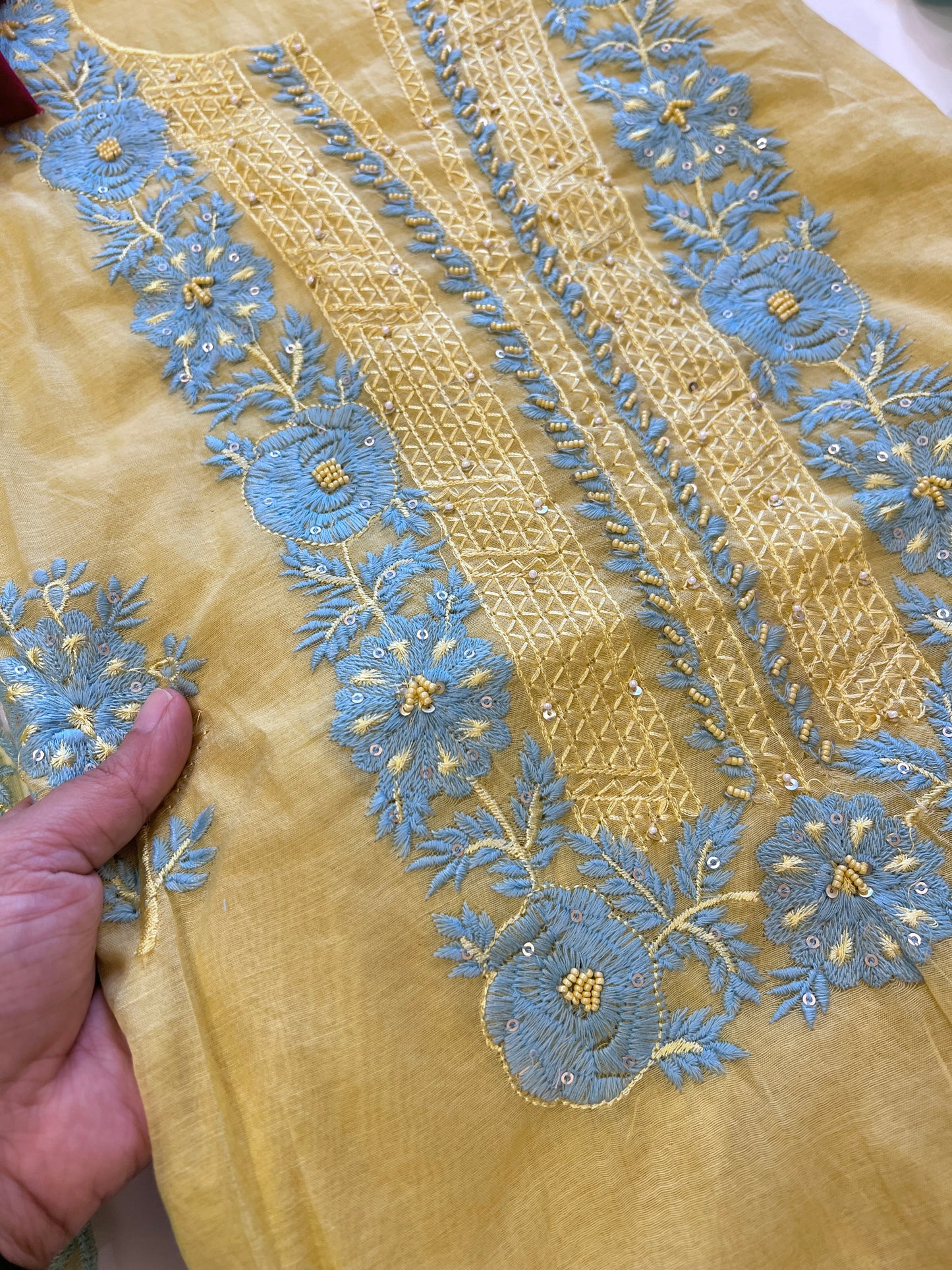 Yellow Mul Chanderi embroidered Unstitched Suit