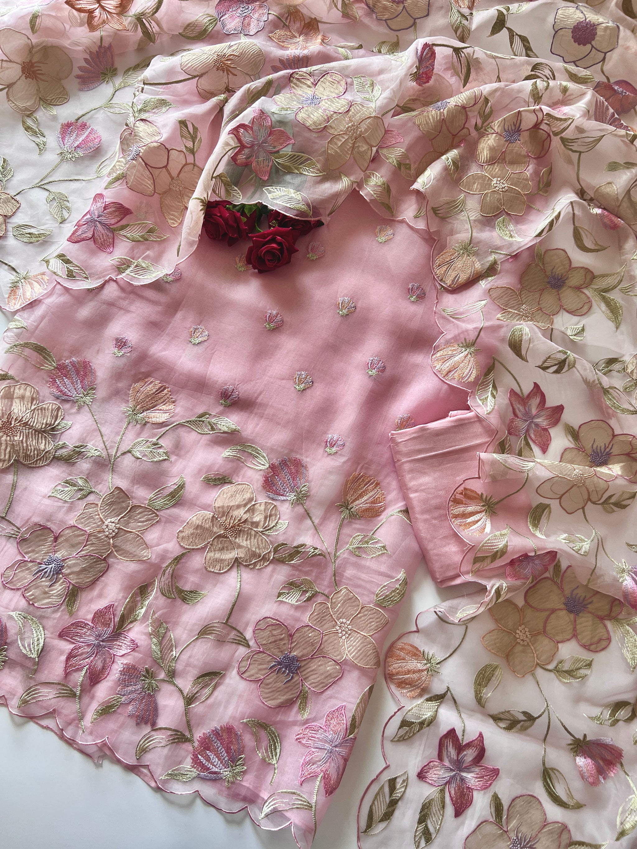 Floral Embroidery on Pure Silk Organza premium unstitched dress material in Pastel Pink