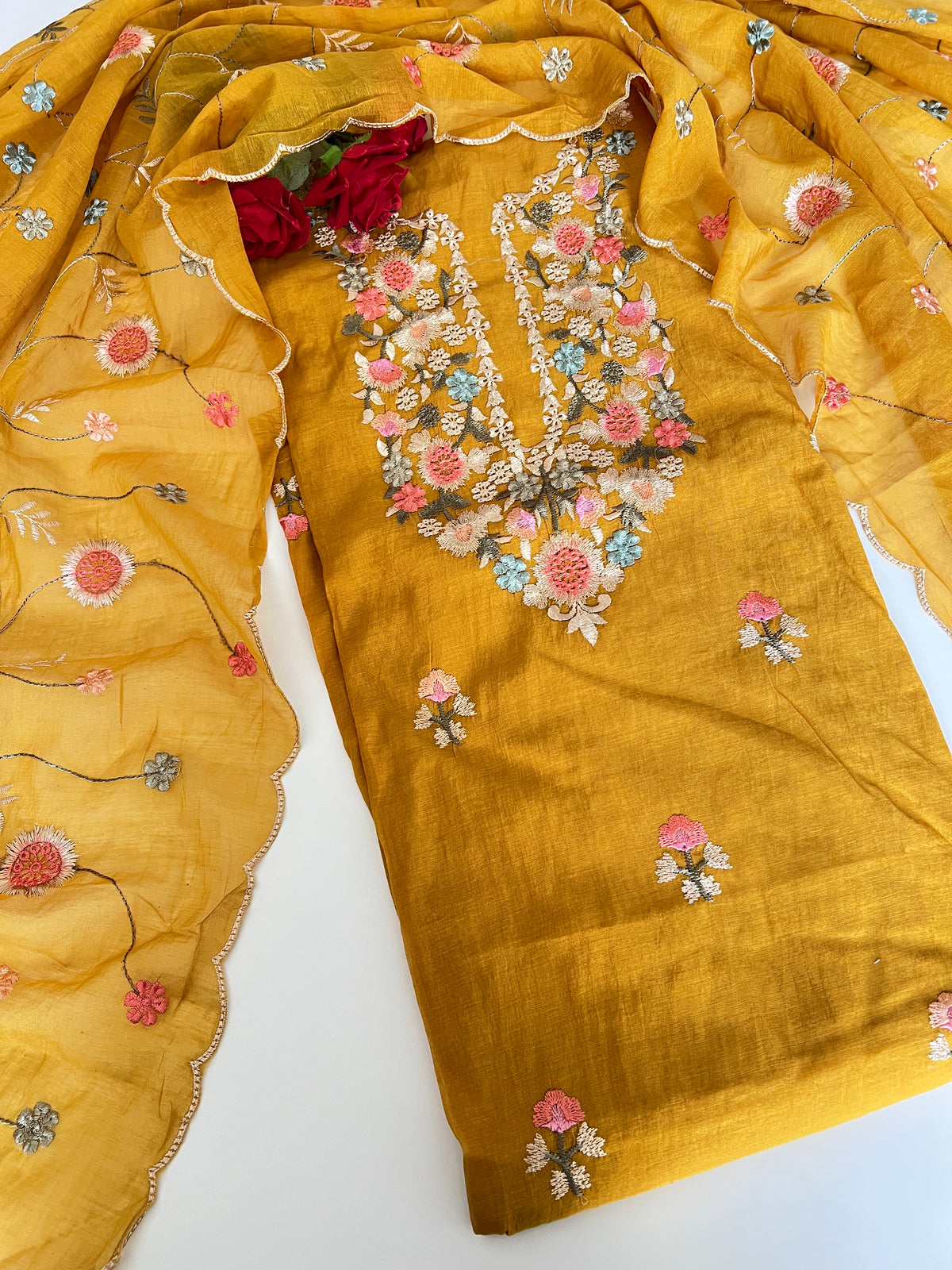 Yellow Mul chanderi full embroidery dupatta thread work unstitched suit
