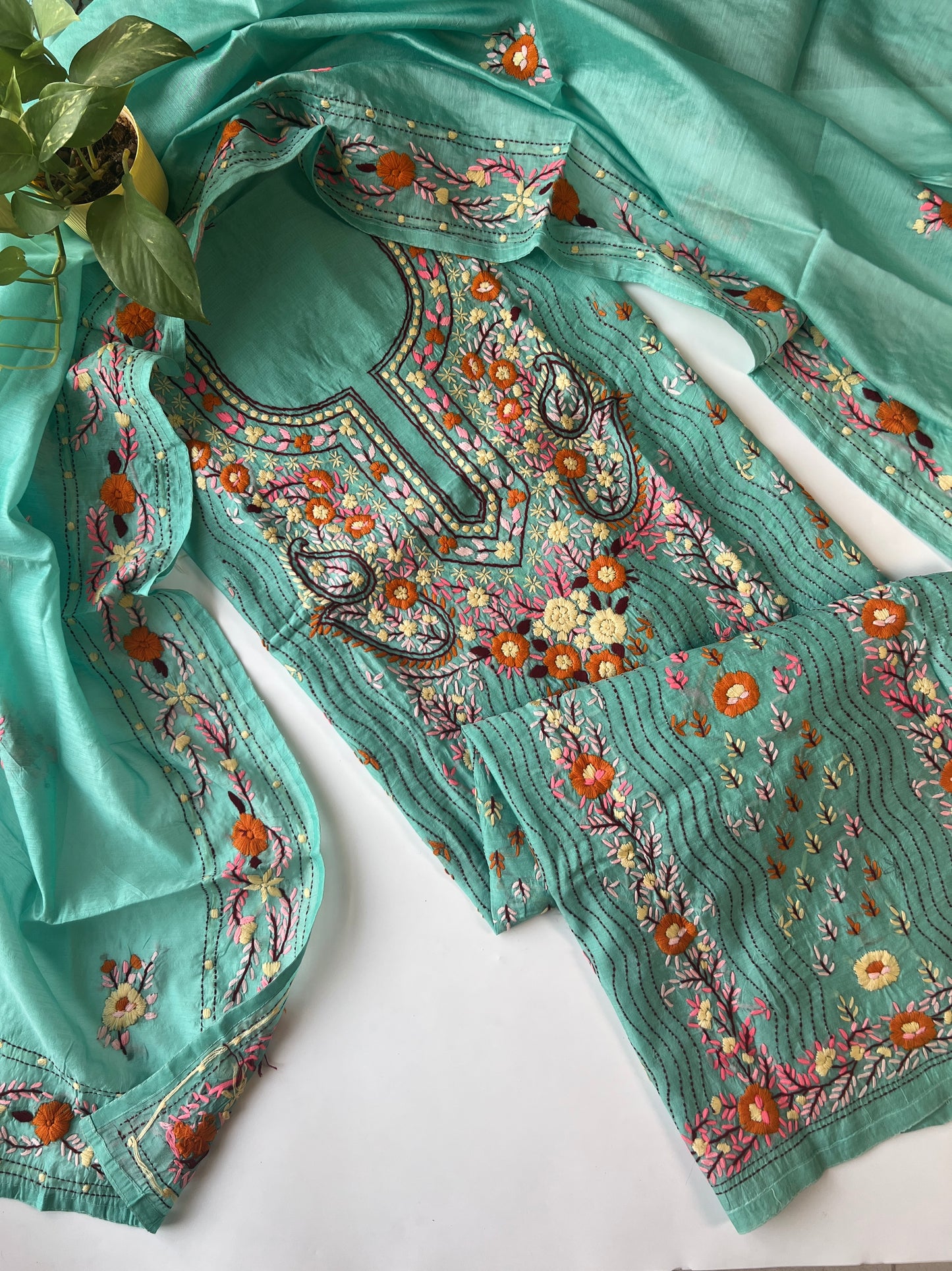 Chanderi Phulkari embroidery Unstitched suit material
