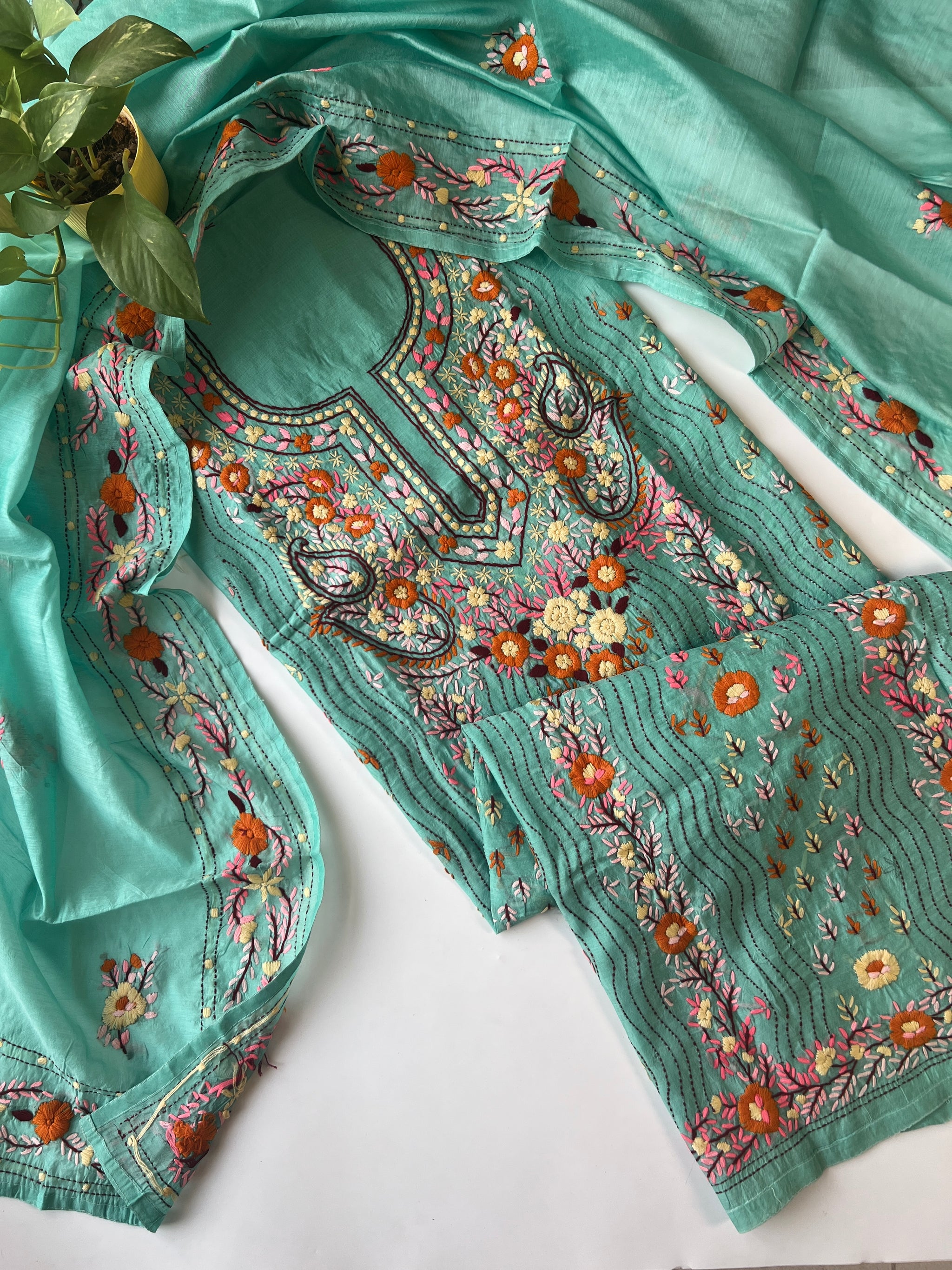 Chanderi Phulkari embroidery Unstitched suit material