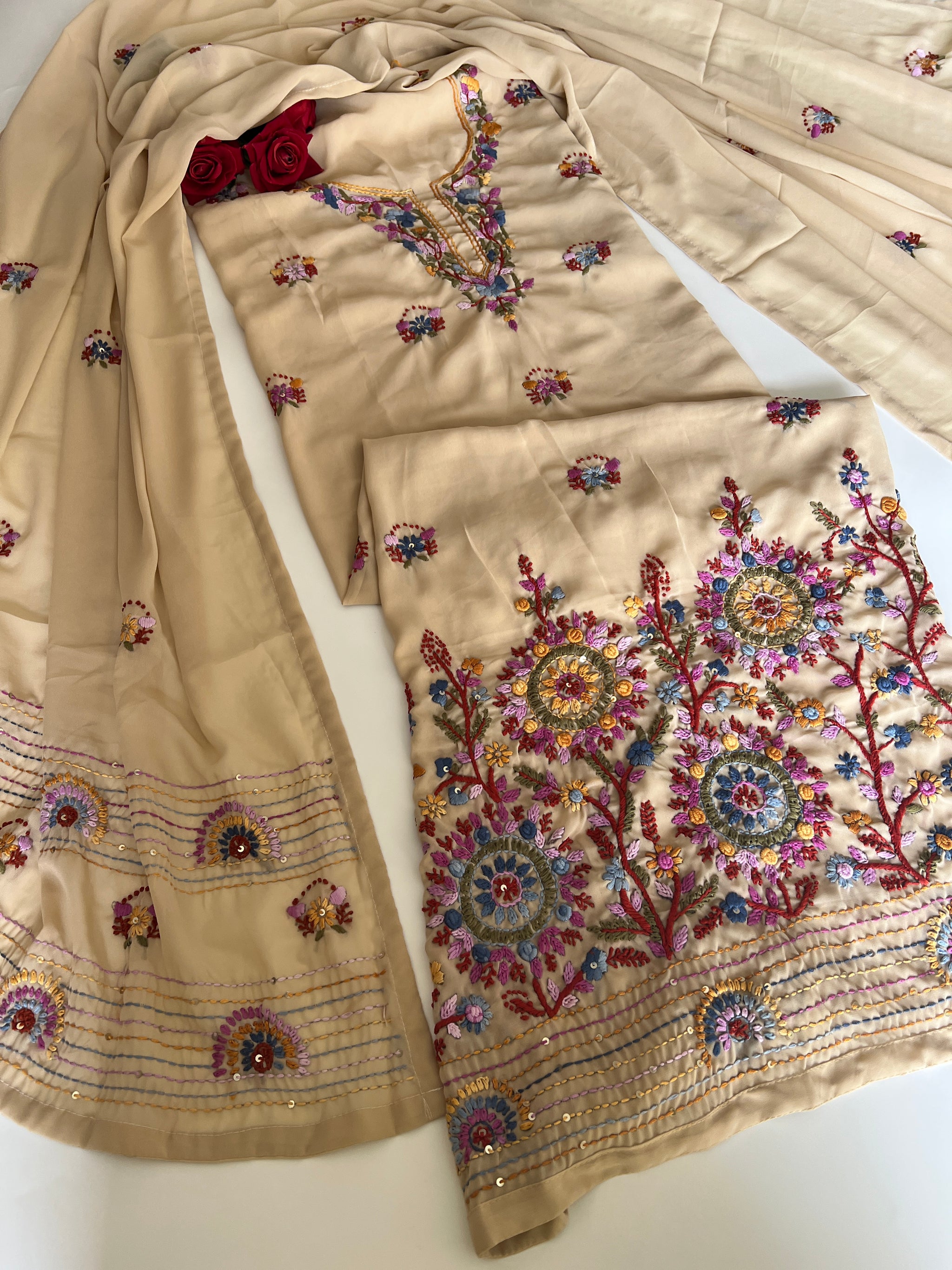 Beige Knot Embroidery Unstitched suit set 2 pc
