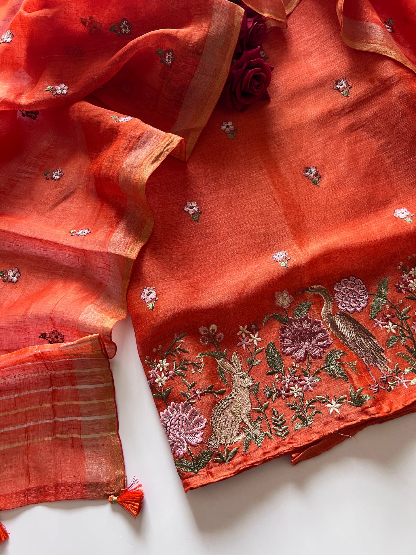 Orange Pure Silk Linen embroidered premium unstitched dress material