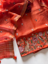 Orange Pure Silk Linen embroidered premium unstitched dress material